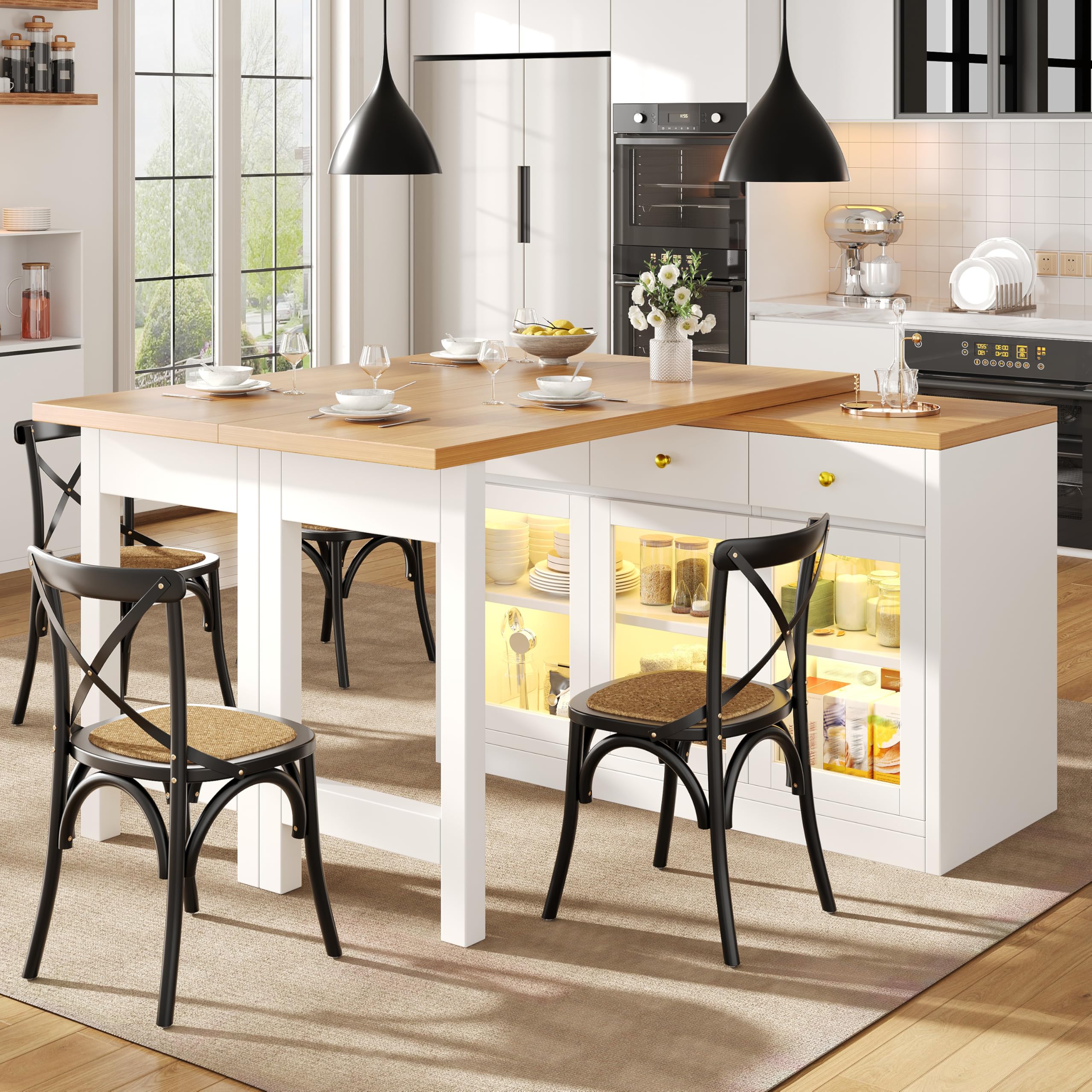 Tavolo da bar allungabile con vano portaoggetti, girevole a 360°, tavolo da pranzo pieghevole, 3 porte, 3 cassetti, isola da cucina, per soggiorno, sala da pranzo, 120-200 x 40 x 75,5 cm