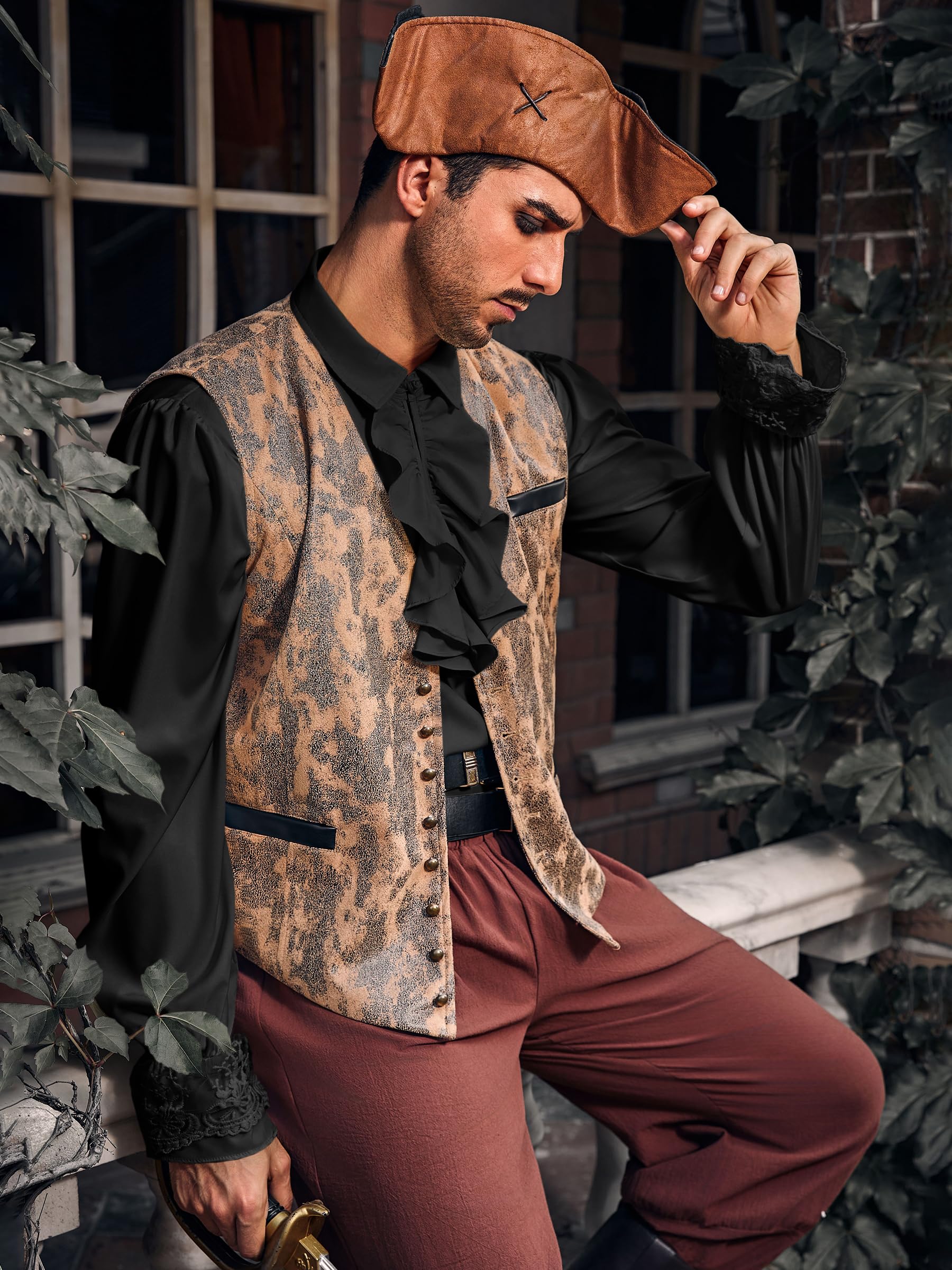 Runcati Camisa pirata para hombre, con volantes, victoriana, renacentista, steampunk, vampiro, poeta, disfraz medieval de Halloween, 01 Negro, Small