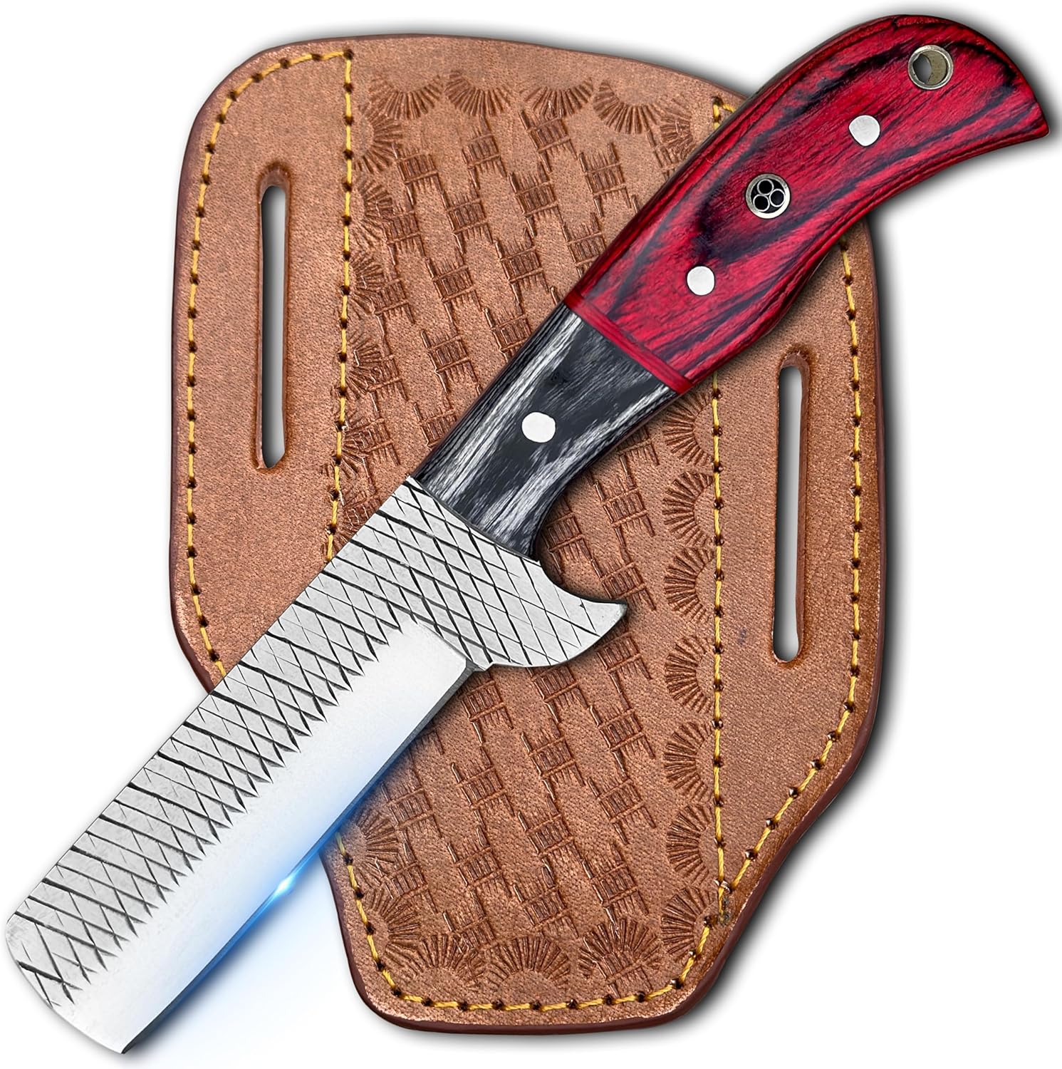 Cowboy Knives with Leather Sheath - 8” Sharp Handmade j2 Steel Bull Cutter Knife - EDC Fixed Blade Hunting Knife for Skinning, Camping, Bushcrafting and Outdoor Activities004, white