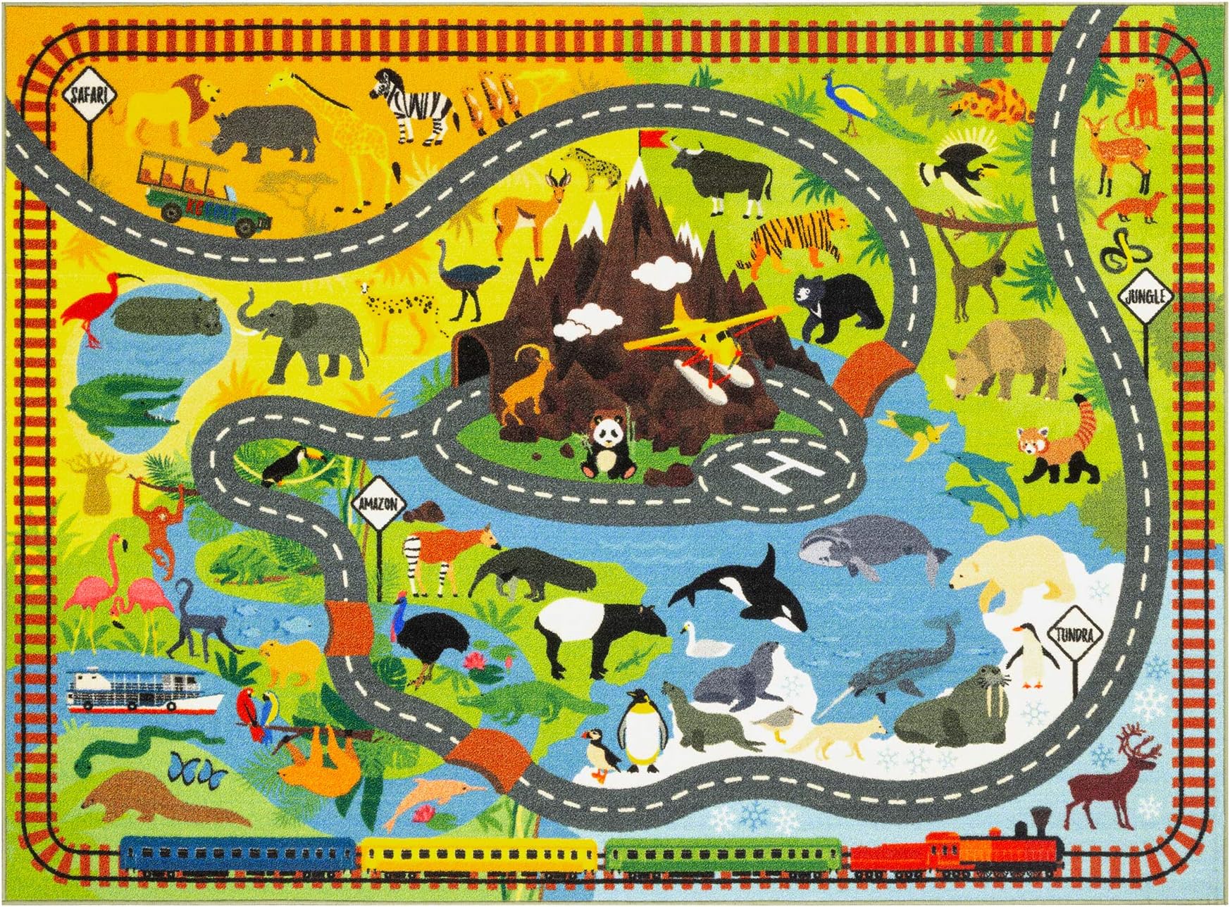 KC Cubs Playtime Collection Animal Safari Road Map Educational Learning & Game Area Rug 100 cm x 150 cm
