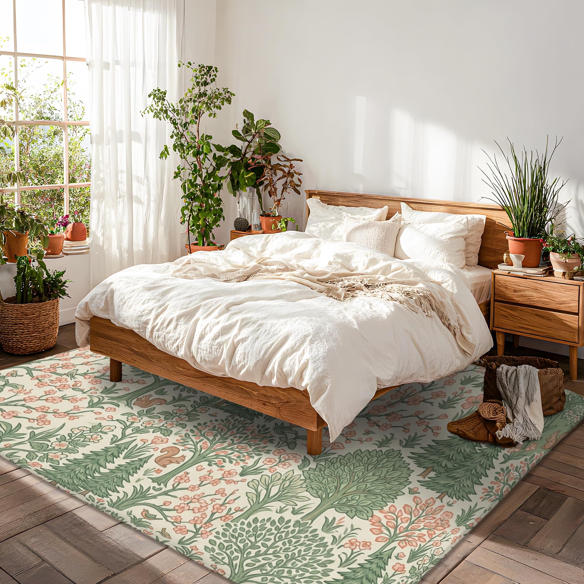 Alfombra de área floral, hojas botánicas naturales, árboles, primavera, verde, esponja, pelo bajo, suave, rectangular, resistente a las manchas, para sala de estar, dormitorio, debajo de la mesa