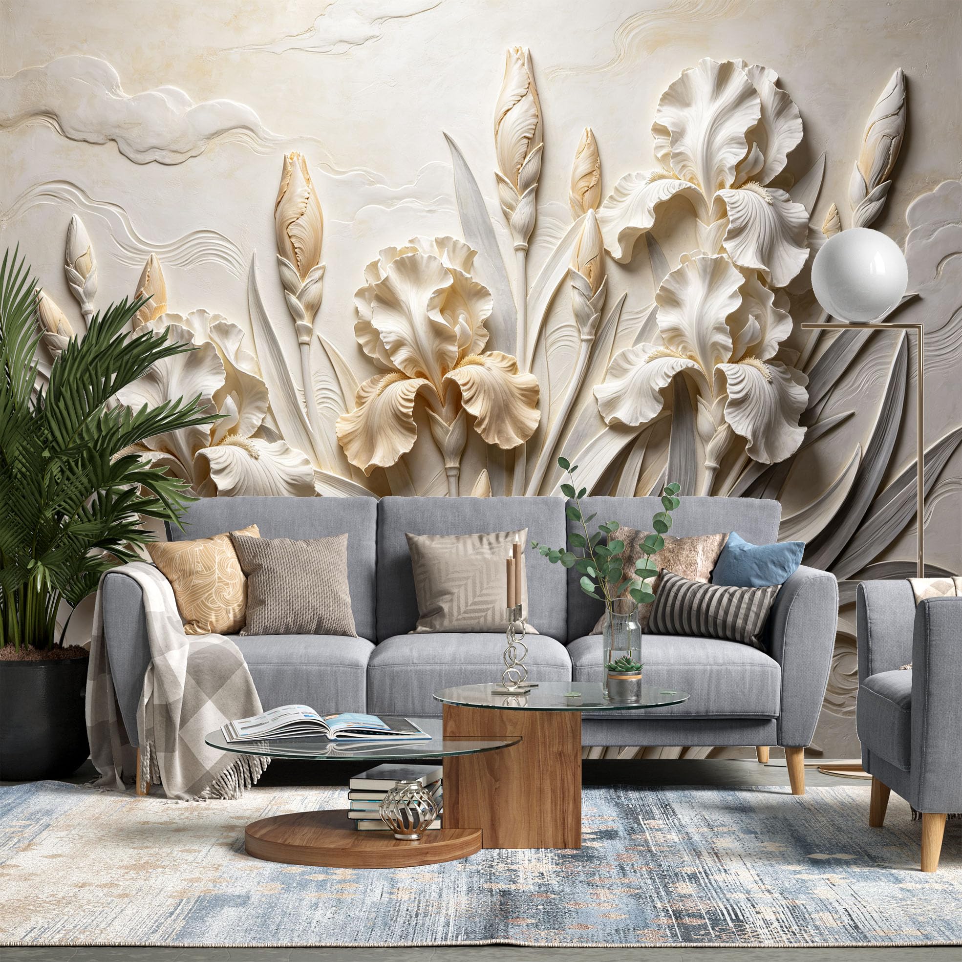 Papier Peint Photo Mural Intissé 3D Motif Iris Crème 265 x 280 cm Décoration Fresque Murale Florale Moderne pour Salon et Chambre.