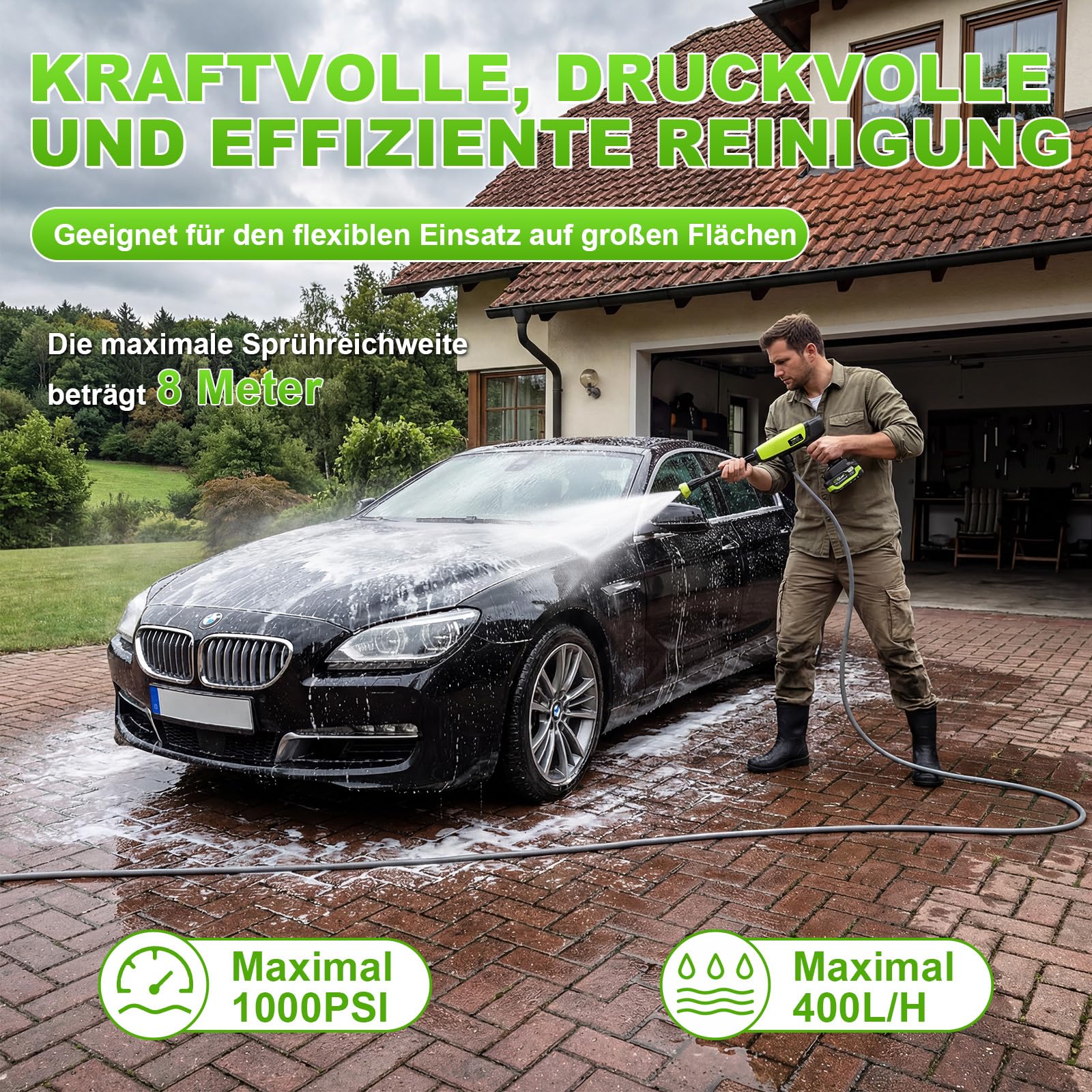 VOERJIA Akku-Hochdruckreiniger 21V 70 Bar 2x 4,0 Ah Akkus 400 L/h 6-in-1 Düse Grün
