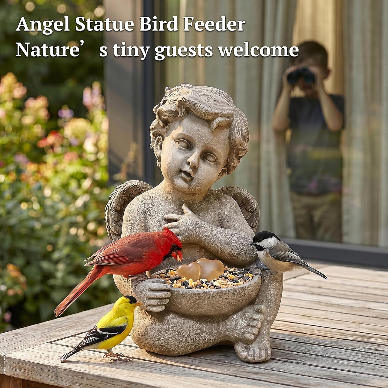 MXwcy Solar Angel Statue with Bird Feeder, 9.06" Resin Angel Garden Statue Solar Lights, Waterproof Angel Garden Decor for Yard Lawn Patio, Memorial Garden Angel Gift for Women Mom Grandma
