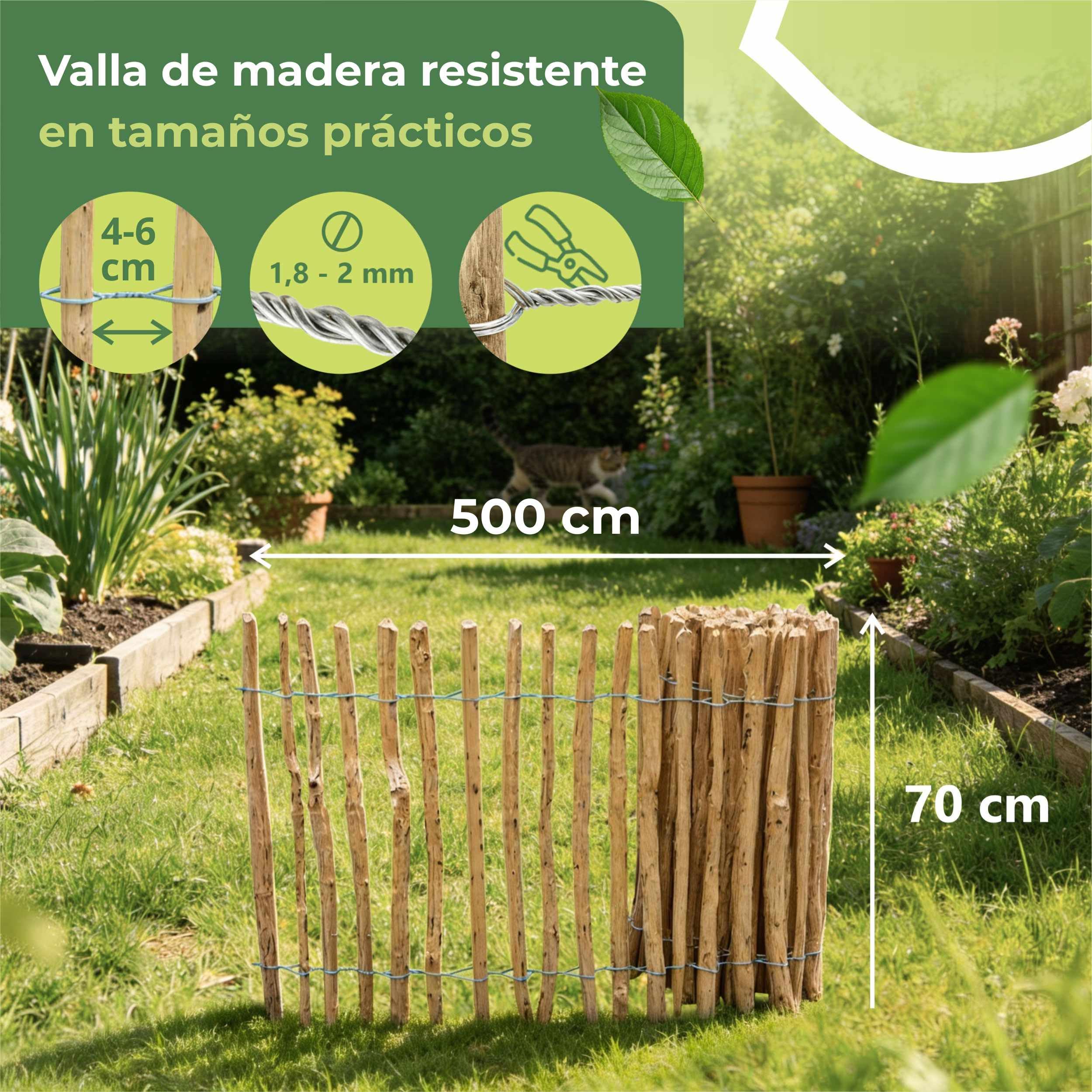 Cercado Enrollable de estacas de avellano y castaño 5m x 70cm Alto, separación 4-6cm, delimitación jardín, Madera Natural, huerto, Perros