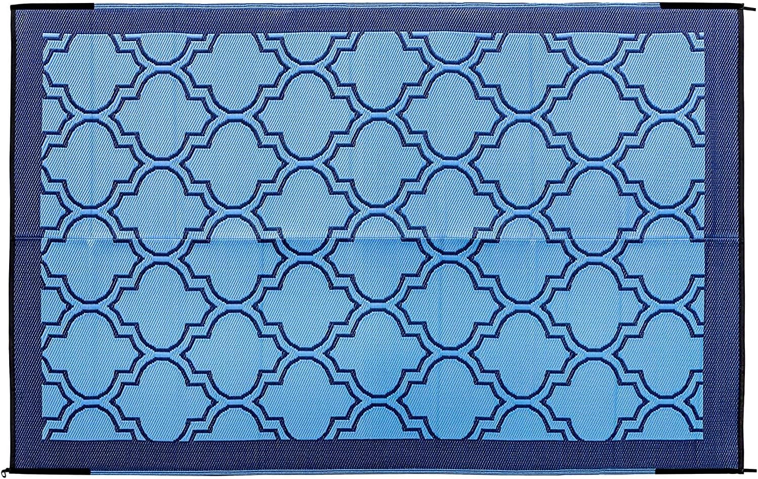 Camco Large Reversible Outdoor Patio Mat - Easy to Clean, Perfect for Picnics, Cookouts, Camping, and The Beach (6' x 9', Lattice Blue Design) (42876)
