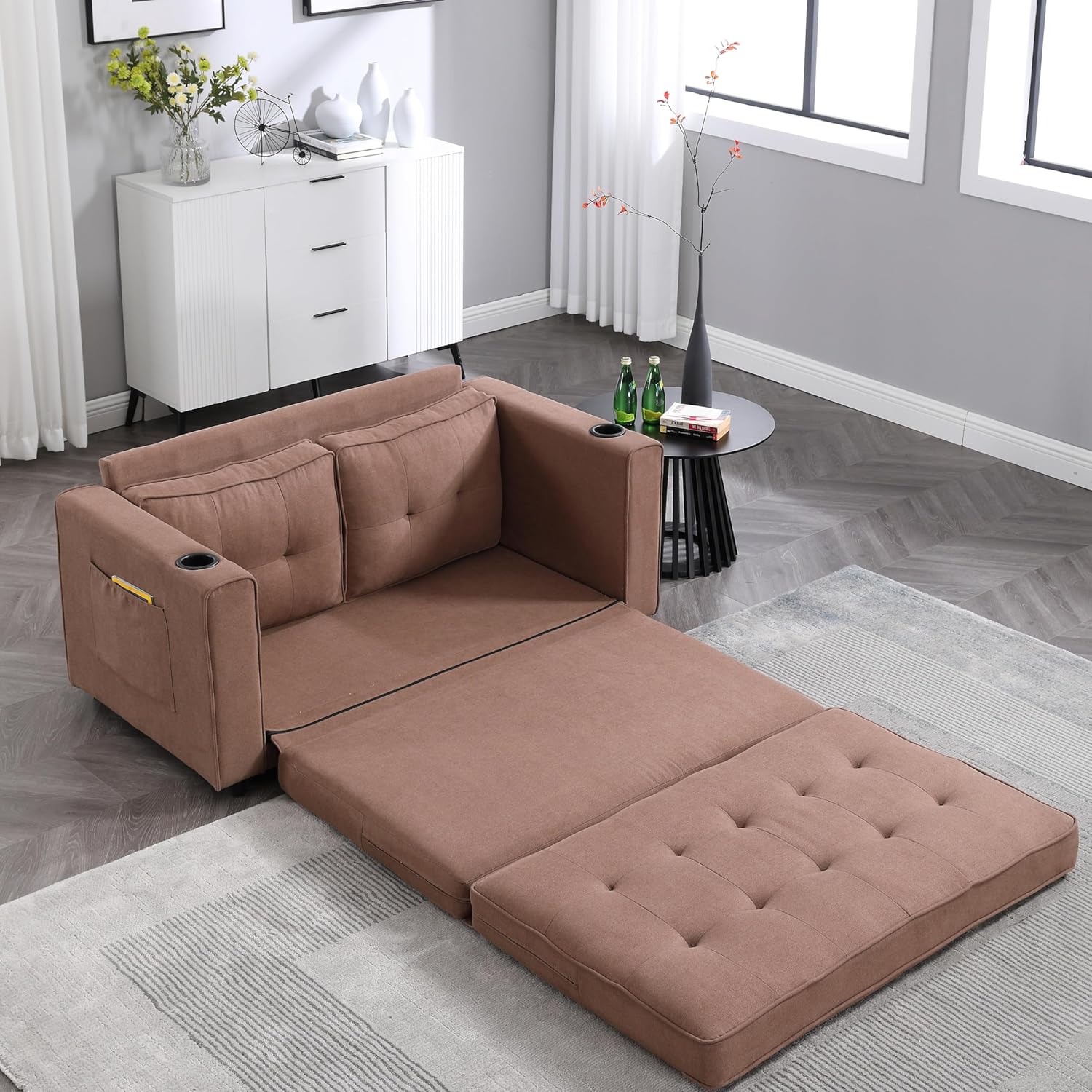 ERYE Foldable Loveseat Sofa Convertible Pull Out Sleeper Sofabed,2 Seat Tufted Upholstered Sofa Modern Convertible Sleeper Couch Bed with Cupholders and Side Pockets