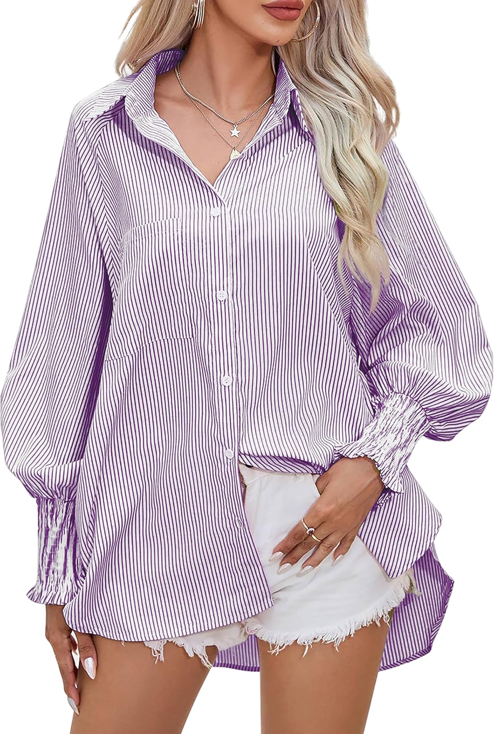 Women's Wrinkle-Resistant Smocked Cuffed Striped Button Shirt with Pocket Oversized Casual Boyfriend Blouse - Image 2