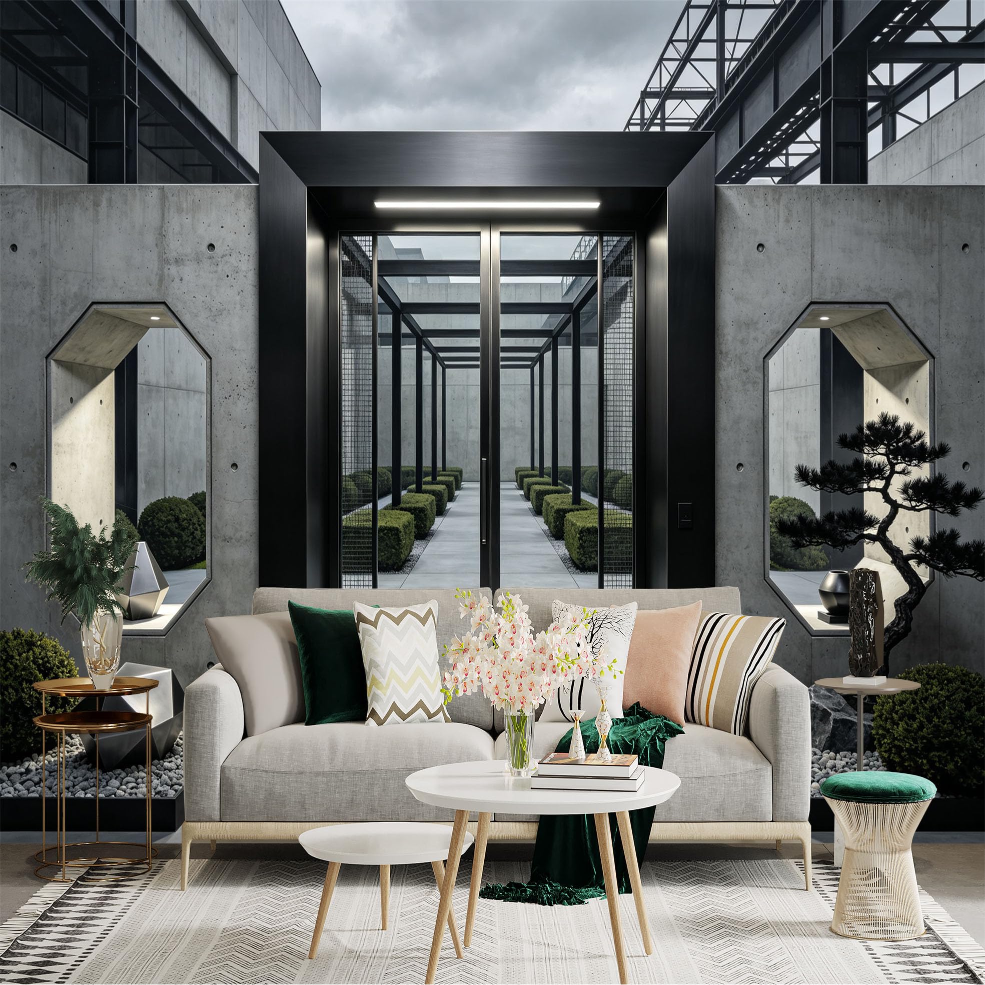 Custom Size Wall Sticker Mural， Modern Concrete Courtyard with Geometric Architecture and Zen Garden， for wall Decoration， peelandstick wall Decals.