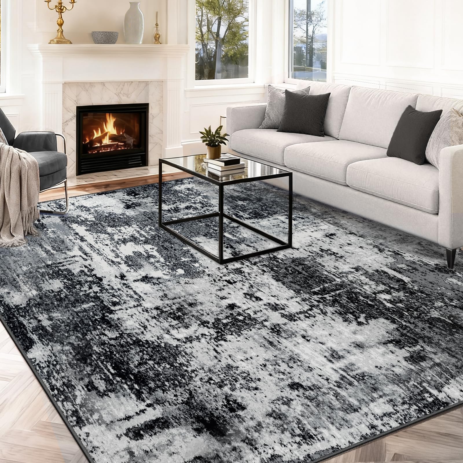 INOVADAY Washable Rugs Living Room 200x300 cm Modern Abstract Rug with Soft Low Pile Vacuum Friendly Non Slip Backing Minimalist Carpet for Lounge Bedroom Dining Room Home Office Black/Grey/White/Navy