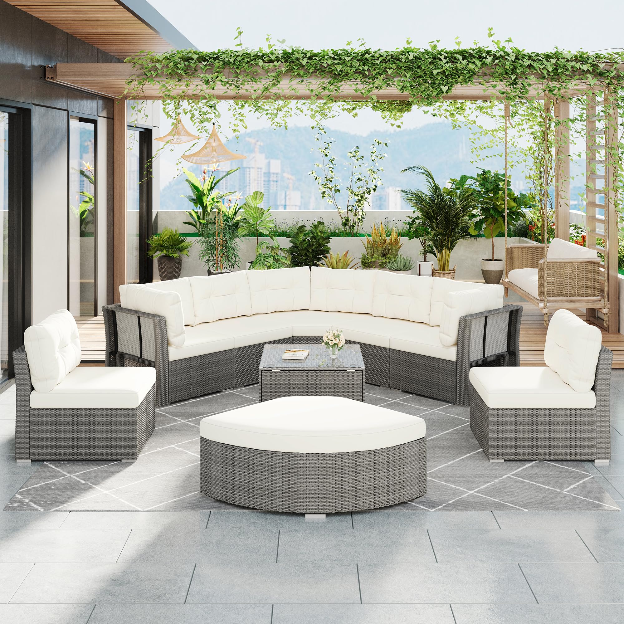 LZ LEISURE ZONE Patio Conversation Set, Outdoor Daybed Rattan Sectional Sofa Set Patio Seating Group with Cushions and Center Table for Patio/Lawn/Backyard/Pool, Beige