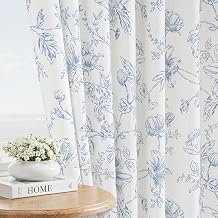84 Inches Memory Trained Pinch Pleat Semi Sheer Blue Floral Linen Curtains