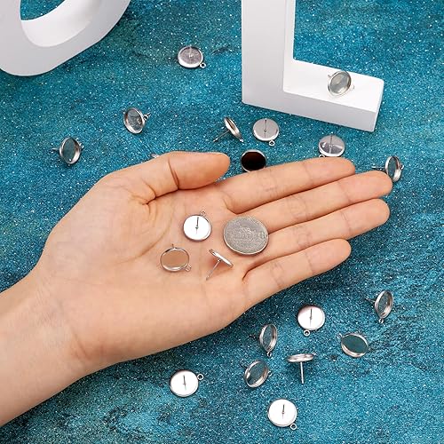 Miniatura 7 de Pandahall - 100 aretes de acero inoxidable con ajuste de cabujón de 0.472 pulgadas (0.472 in), bandeja de bisel redonda plana con lazo para hacer