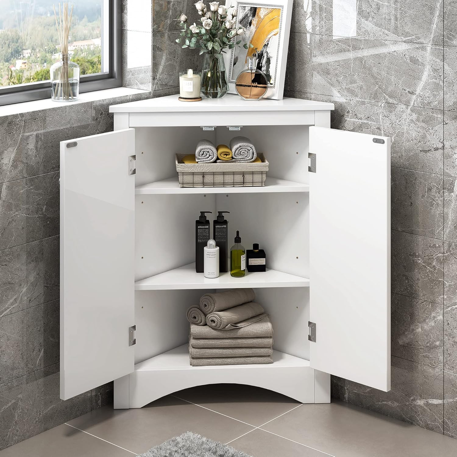 Corner Cabinet with Doors, Bathroom Storage 2 Adjustable Shelves, Freestanding Floor for Kitchen, Bathroom, Living Room (White)