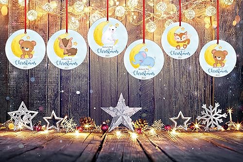 Miniatura 7 de Adornos de Navidad 2021 impresos a dos lados, zorros con luna, adorno de cerámica para la primera Navidad del bebé, adorno de árbol de Navidad,