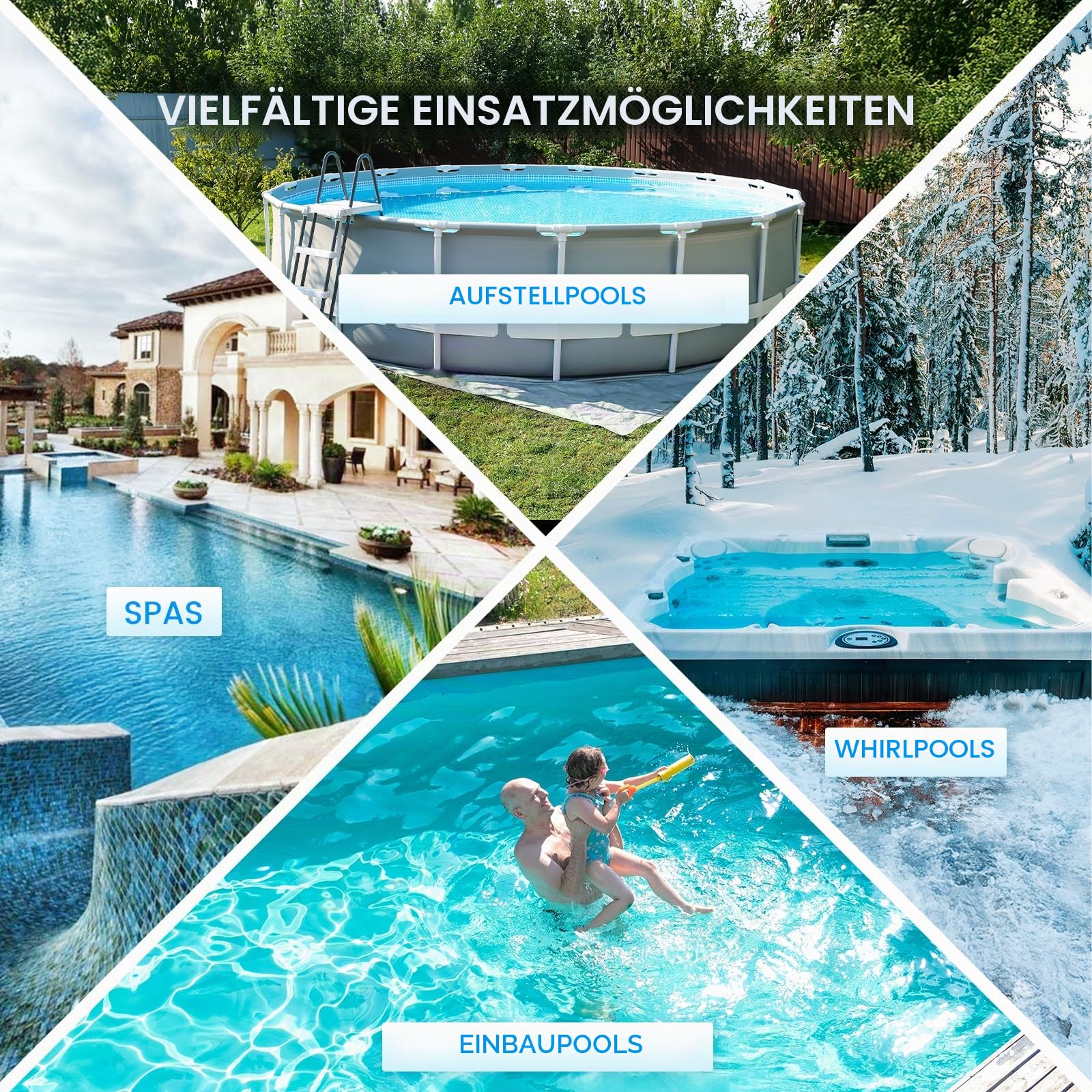 Enhulk Poolsauger Akku, 2025 Verbesserter 34cm breiter Kopf, Betriebsdauer bis zu 60 Minuten, Poolreiniger mit 3 Filter & Teleskopstange, Absaugung bis zu 4200L/H, Ideal für Aufstellpool usw