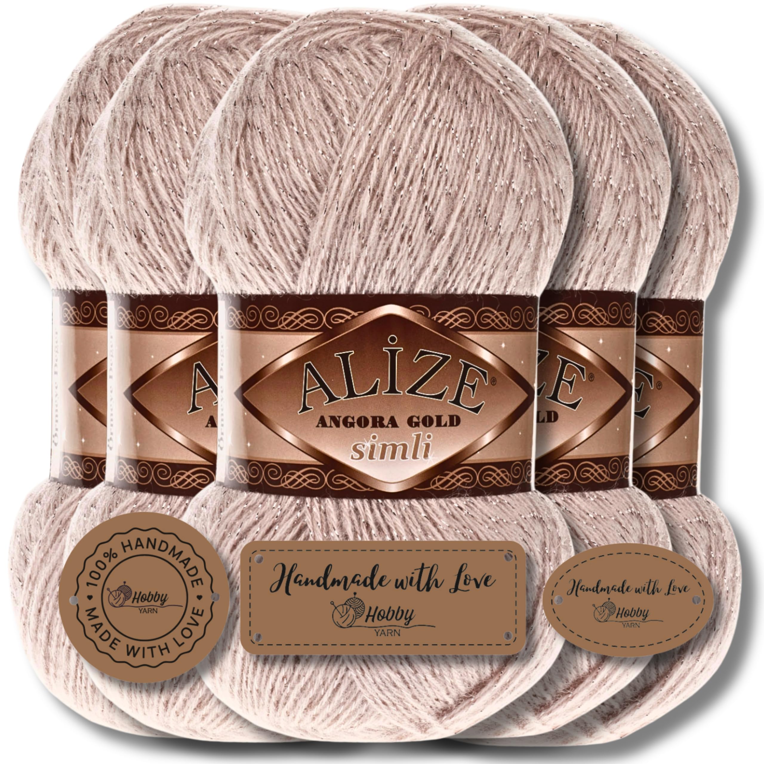 Hobby YARN 3 x Label Label with Alize Angora Gold Simli Glitter Wool Premium 5 x 100 g as a Set, Yarn, Yarn, Virgin Wool, Plain, Knitting Yarn for Crochet, Knitting, Clothing (Palo Santo - 506)