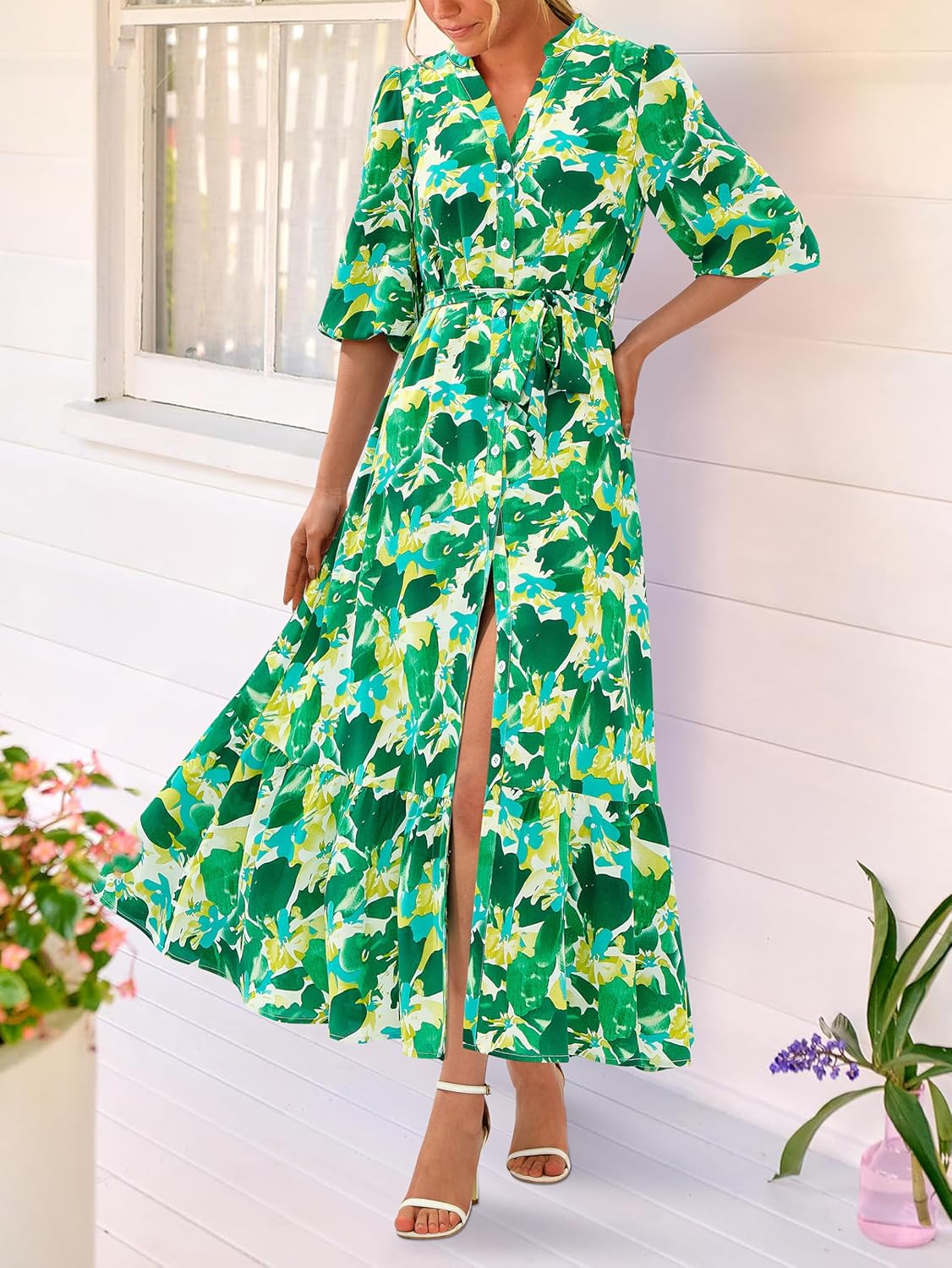 MASCOMODA Womens Floral Maxi Dresses Boho Summer Casual V Neck 3/4 Puff Sleeve Button Down Tie Waist Long Flowy Shirt Dress - Image 5