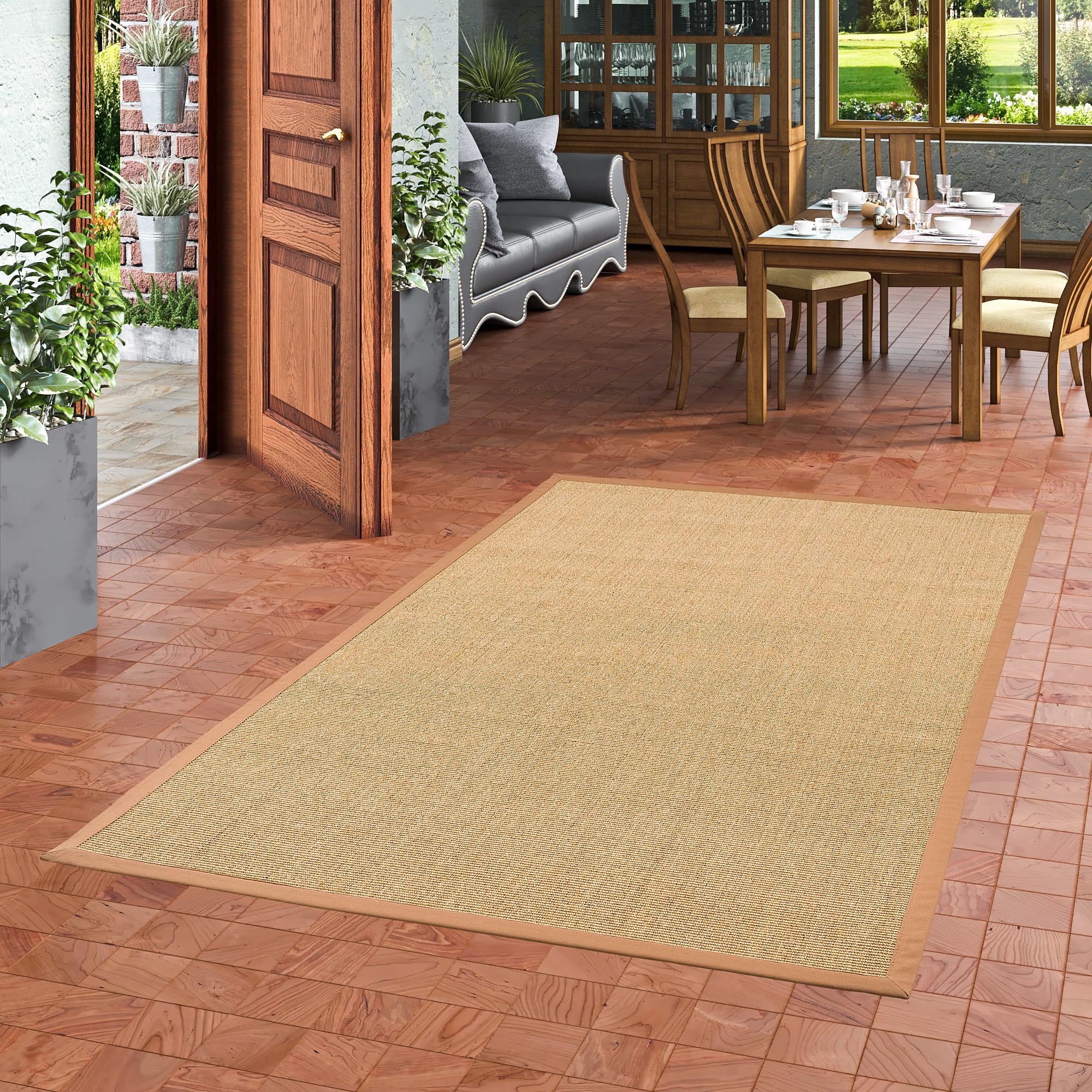 Pergamon Sisalteppich mit Baumwollbordüre - Rutschfester Latexrücken - Verschiedene Größen und Farben - Naturfaser Teppich für Wohnzimmer, Schlafzimmer, Flur und Essbereich - Robust und Pflegeleicht