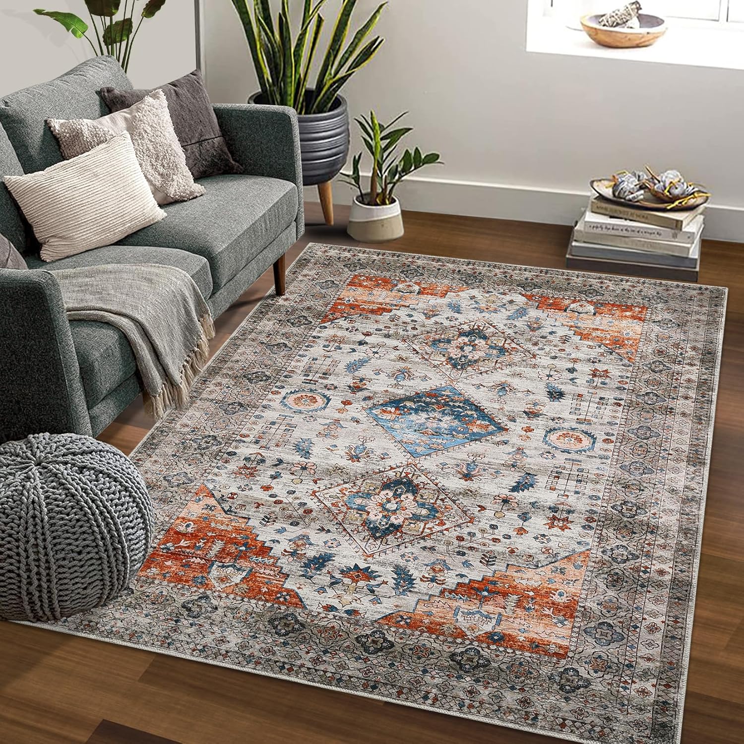 Washable 5x7 Area Rugs Vintage Oriental Living Room Rug Stain-Resistant Low Pile Non Slip Indoor Distressed Print Carpet for Bedroom Dining Room Farmhouse Home Office College Dorm,Brown