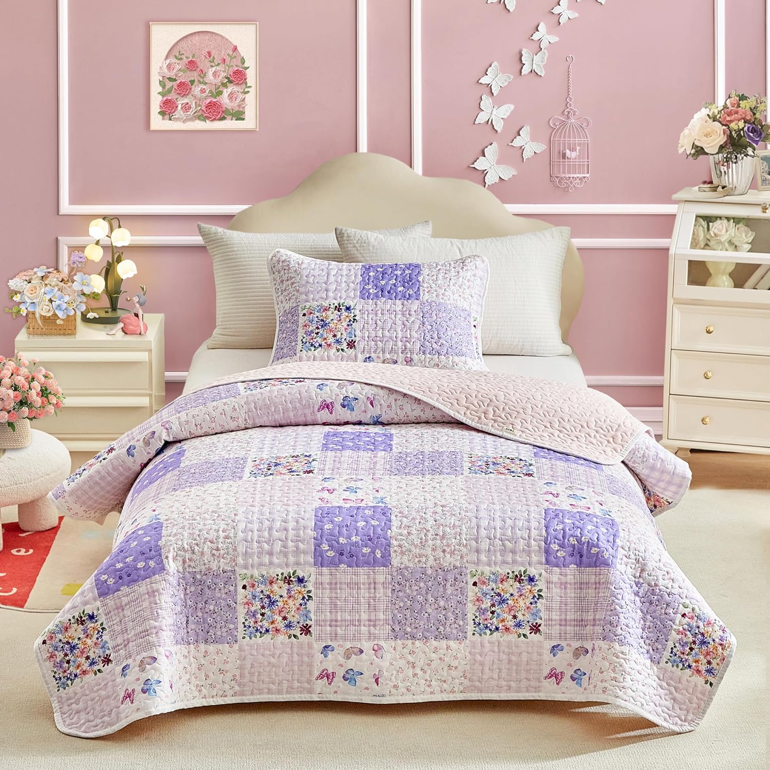 Joyreap Queen Size Quilt Set for Girls, Pink n Purple Floral Patchwork Design, 3 Pieces Soft n Cozy Microfiber Quilt, Bedspread Bed Cover for All Season- 90x90 inches