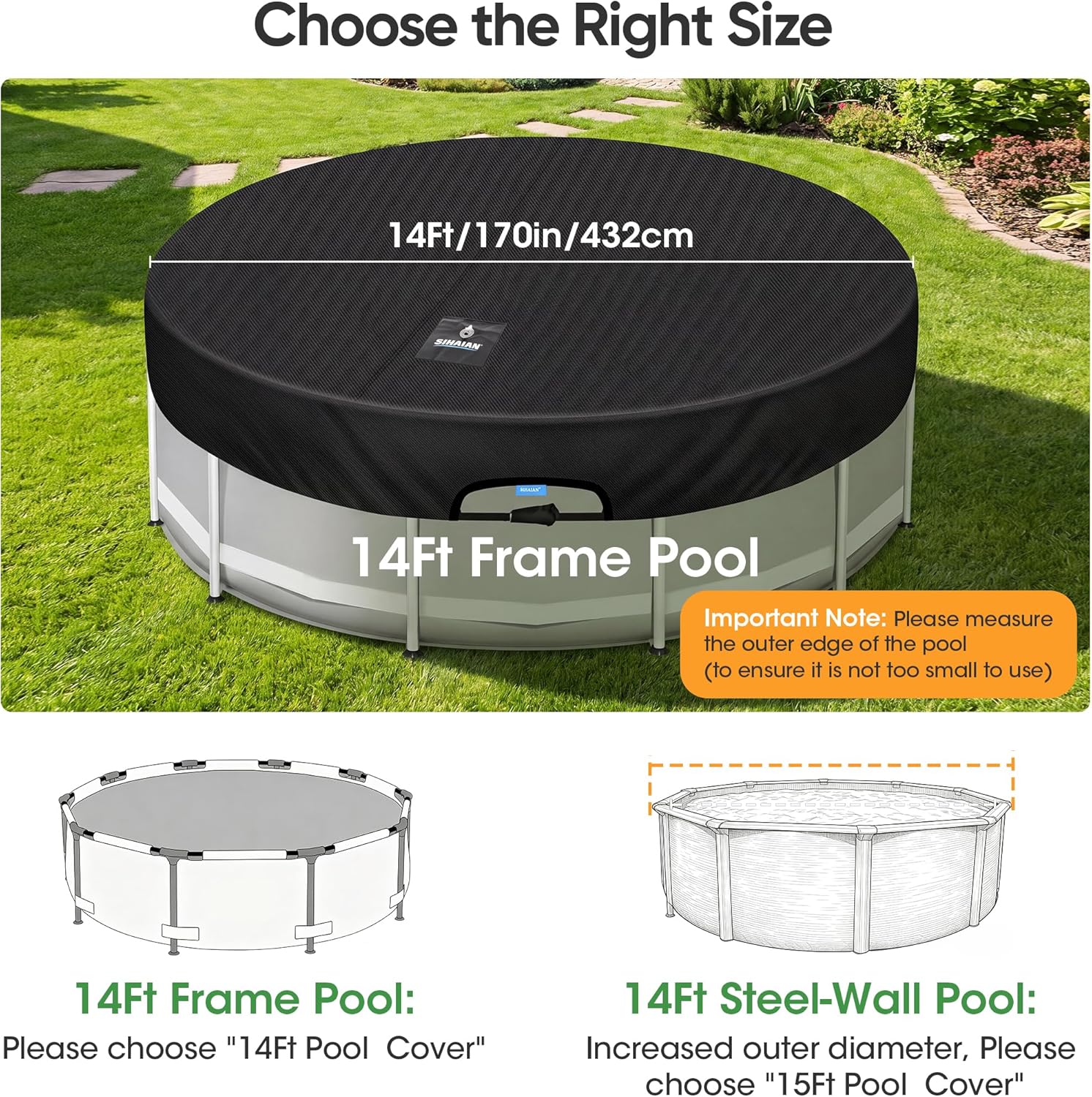 SIHAIAN 14 Ft Round Pool Cover, with Automatic Drain Pool Cover, Patented One-Piece Tensioning System Above Ground Pool Cover, Preventing Waterlogging, Yarn-Dyed Oxford Fabric Solar Pool Cover