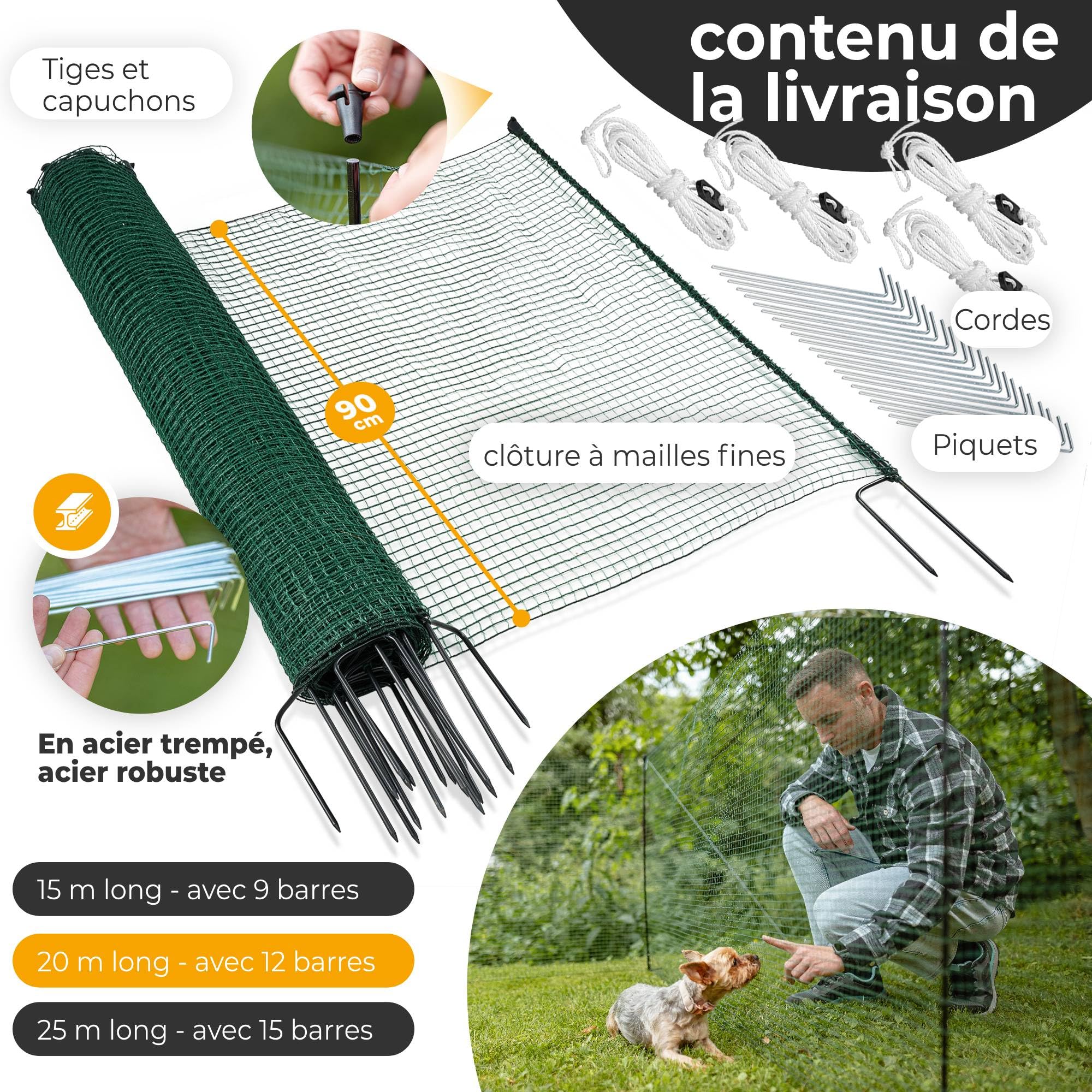 NATURIZ® filet poule en 15m / 20m / 25m x 90cm - cloture jardin exterieur extrêmement stable, sans électricité, vert (20m)