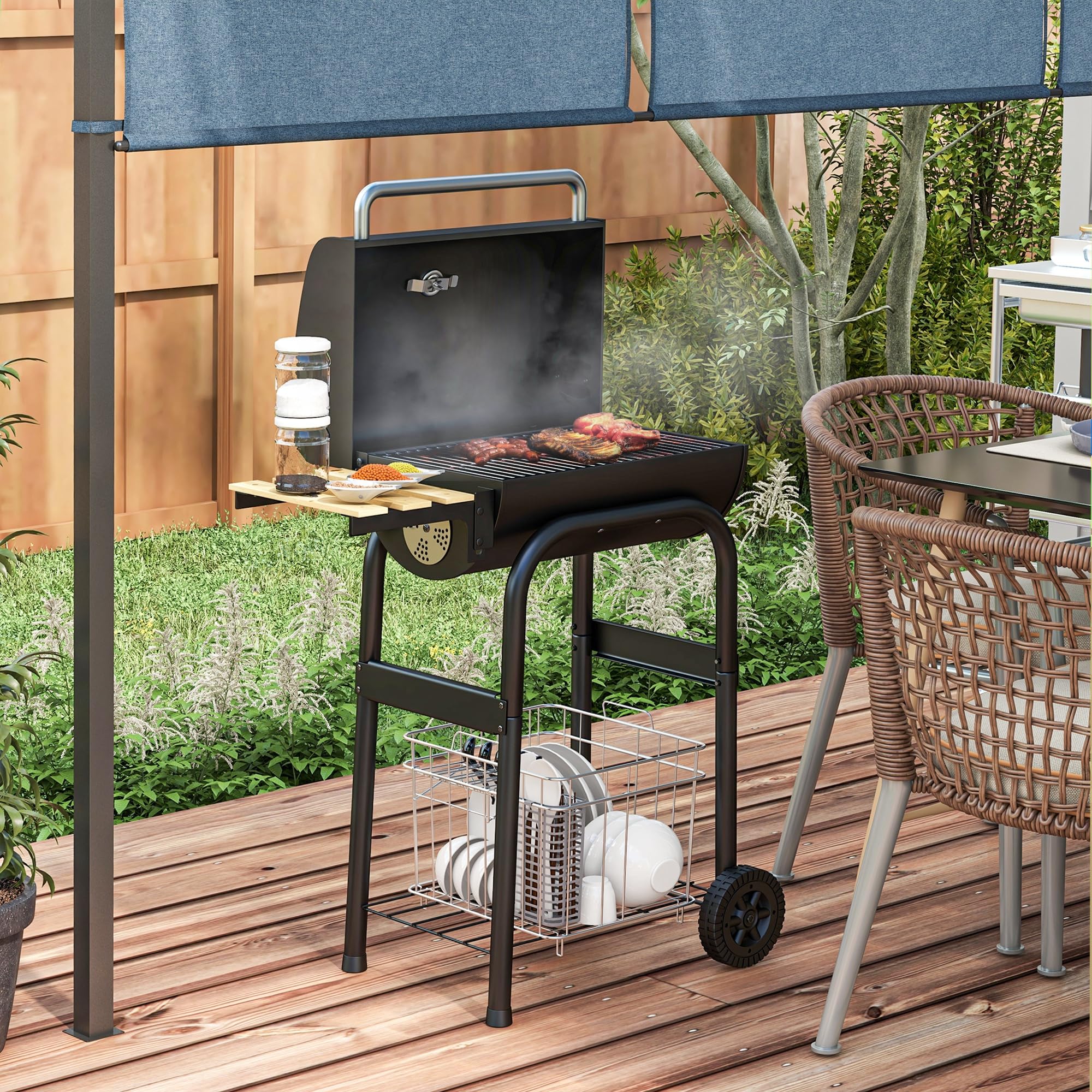 Outsunny Grill na węgiel drzewny z półkami, przenośny wózek do grillowania z kółkami, pokrywka, termometr, komin, do gotowania na świeżym powietrzu, ogrodu, na imprezę, czarny