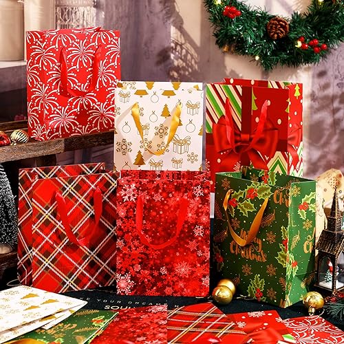 Miniatura 2 de Hillban 12 bolsas de regalo medianas de Navidad con asas de cinta, bolsas a granel de Navidad con impresiones de Navidad, bolsas de golosinas de