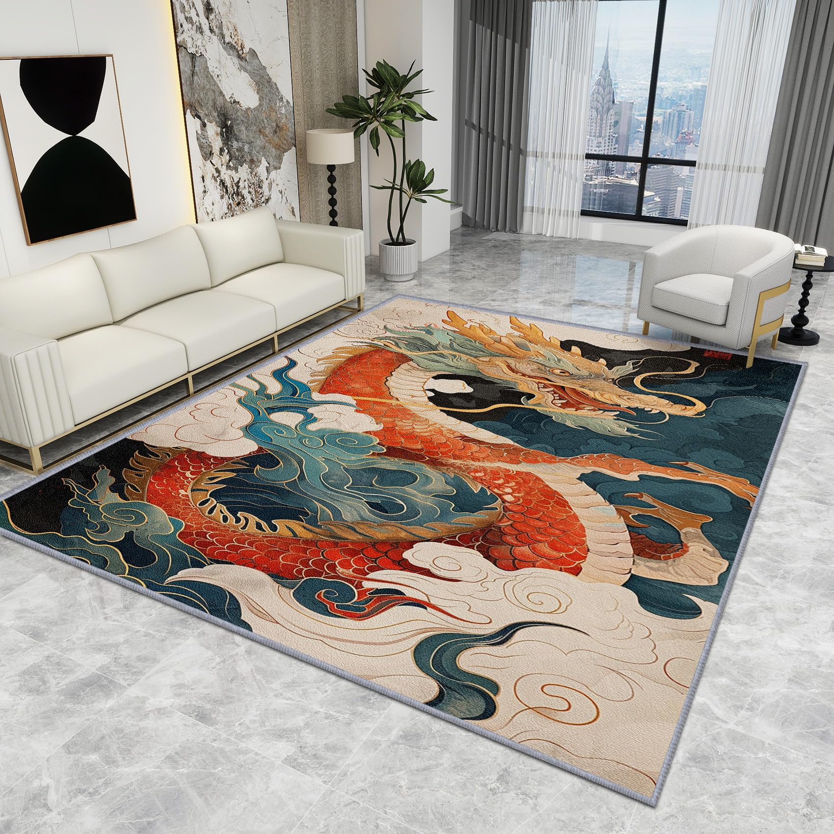 Japanese Themed Rug - Chinese Dragon Rug - Japan Fantasy Animal Ocean Wave Rugs, Asian Oriental Carpet, Washable Rug Non Slip Low Pile Large Area Rugs, Chinese Dragon Home Decor Gifts, 140 X 200 cm