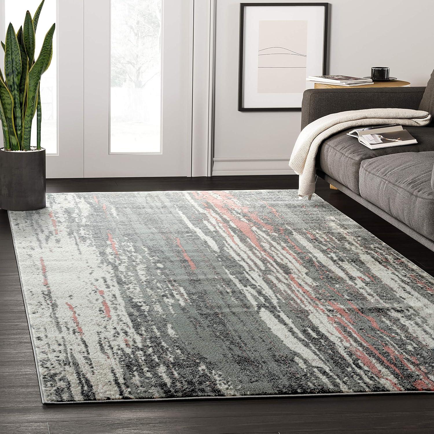 Abani Modern Abstract Splash Living Room Rug Rugs Grey & Pink 7'9" x 10'2" Contemporary Drip Lines Non-Shed Area Carpet