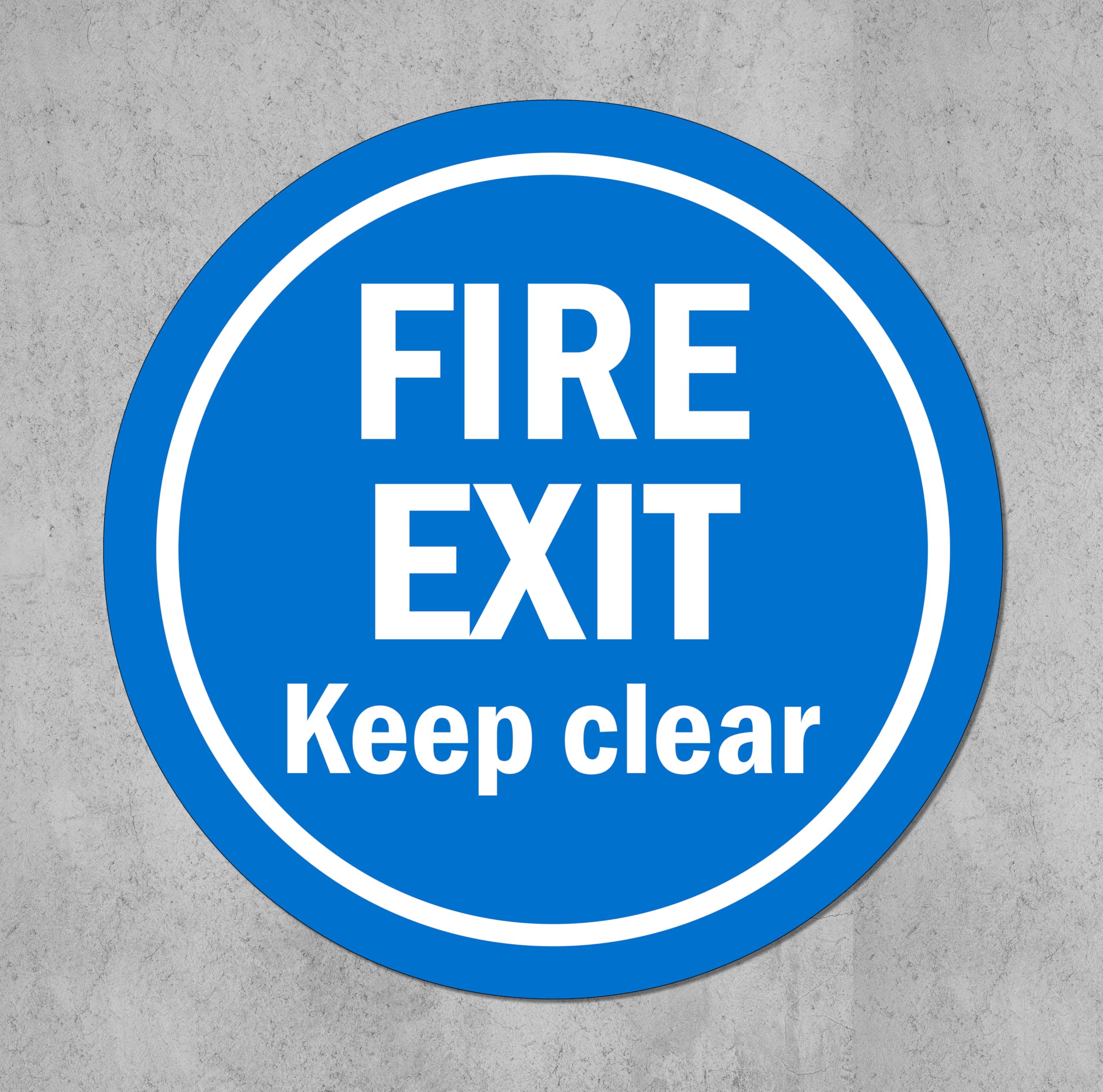 Fire exit, keep clear, sign. Floor sticker, blue background - Self adhesive floor graphic (300mm x 300mm)