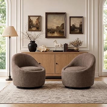 MALOL Barrel Swivel Accent Chair with Hidden Storage, 360  Rotating Lounge Chair, Upholstered Breathable Fabric, High Density Foam Seat, Modern Round Armchair for Living Room Bedroom,Brown