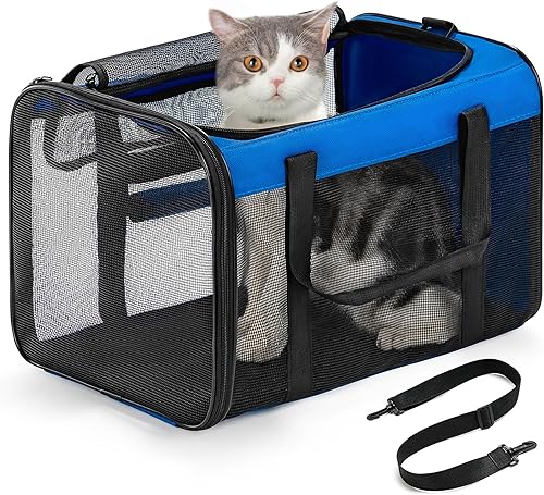 Vista 25 de Bolsa transportadora para gatos, transportador de mascotas de lados suaves para perros con malla de 4 lados, transportador de transporte de gatos