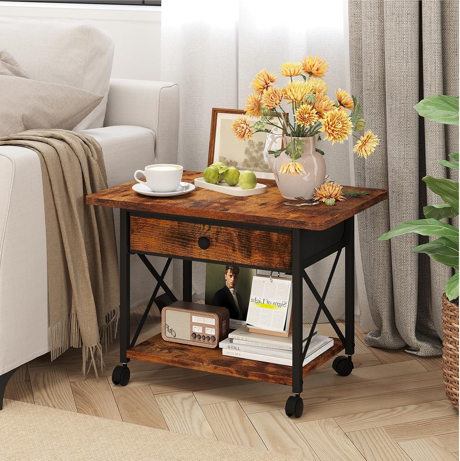 EasyCom 23.6" x 15.7" Under Desk Printer Stand with Storage Drawer, 2-Tier Shelf Desktop Printer Table for Desk with Wheels, Large Rolling Cart for Home Office Fits 3D Printer Scanner Rustic Brown