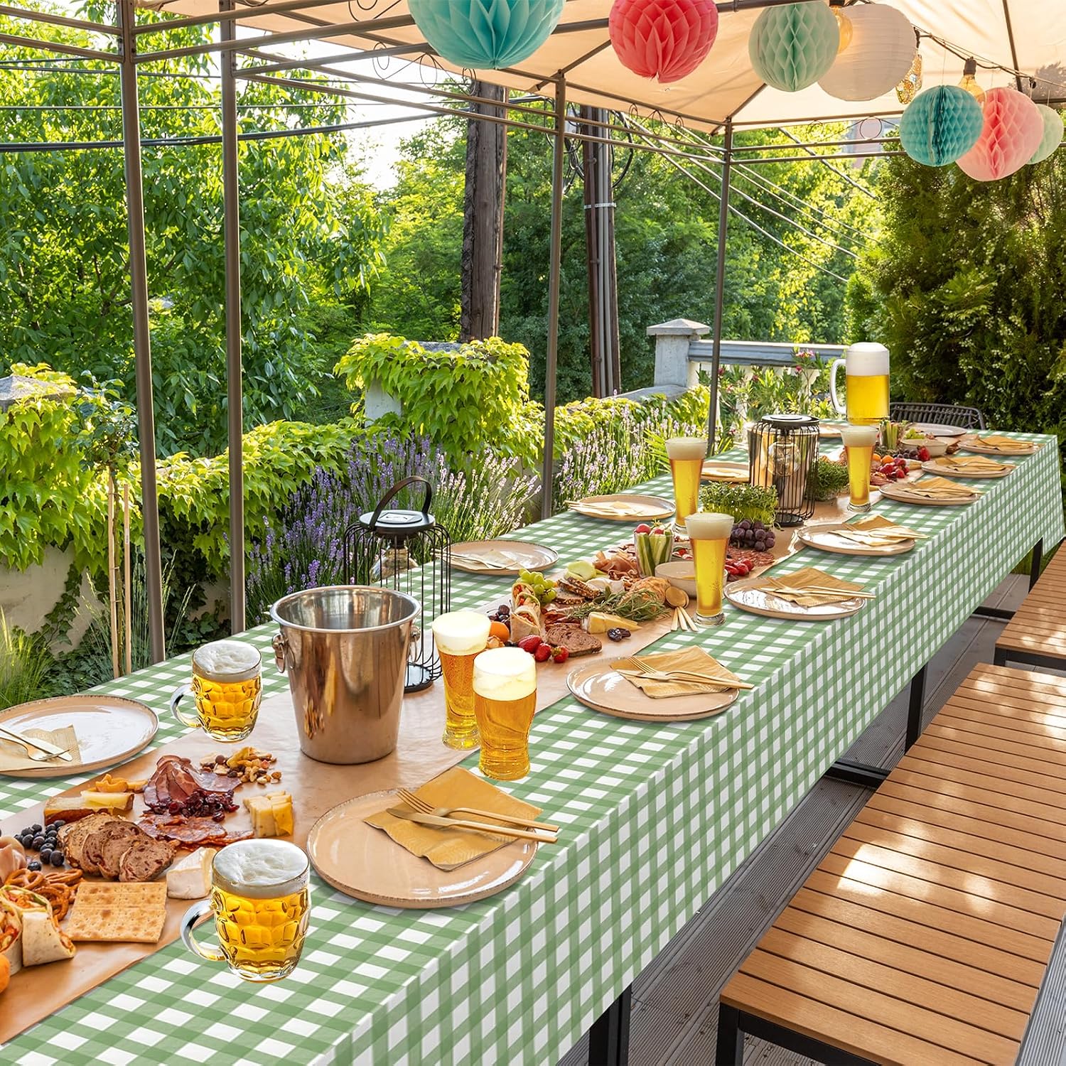 6 Pcs Sage Green Gingham Tablecloths, Checkered Table Covers 54 x 108 Inch | Green and White Checkered Tablecloths, Disposable Waterproof for Baby & Bridal Shower Picnic Camping Barbecue Birthday Party