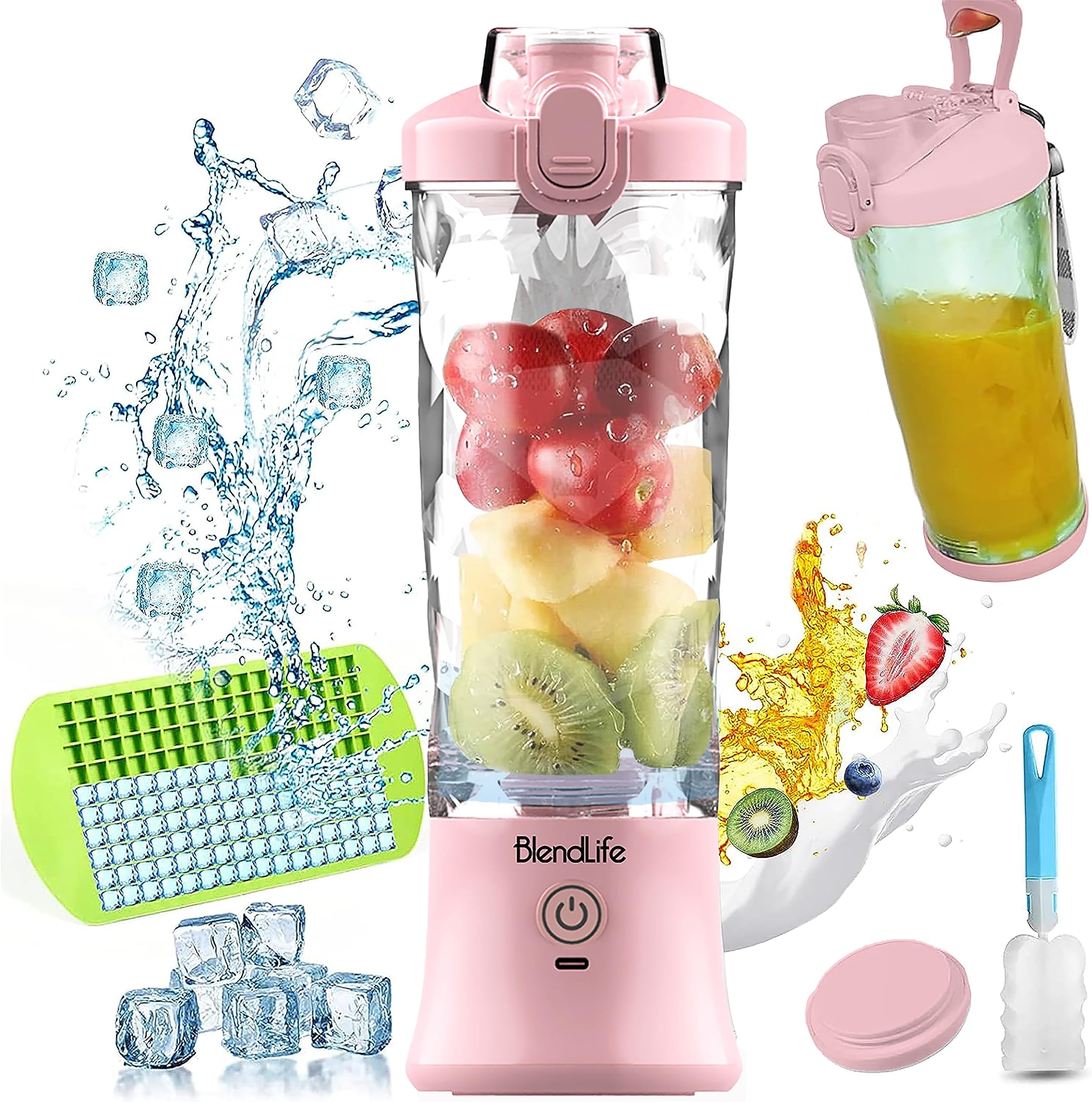BlendLife Ultra Waterproof Portable Blender For Juices, Shakes, Smoothies. Pulse Mode Feature, LED Lights, 230W, 4000mah Battery. Sipper & Carry Handle, Convertible Jar 600ml - Pink (1-Year Warranty)