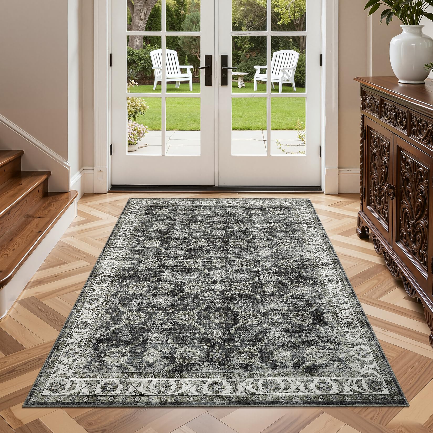 LuxFocus Vintage Distressed Bedside Rug 80x150cm, Washable Area Rugs Living Room, Soft Low Pile Oriental Carpet, Non Slip Traditional Carpets for Bedroom Kitchen Hallway, Grey