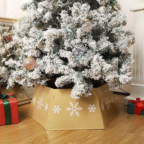 Miniatura 7 de Blissun Anillo de metal para árbol de Navidad, collar de árbol de Navidad con copo de nieve impreso, base de árbol de sauce para decoración de árbol