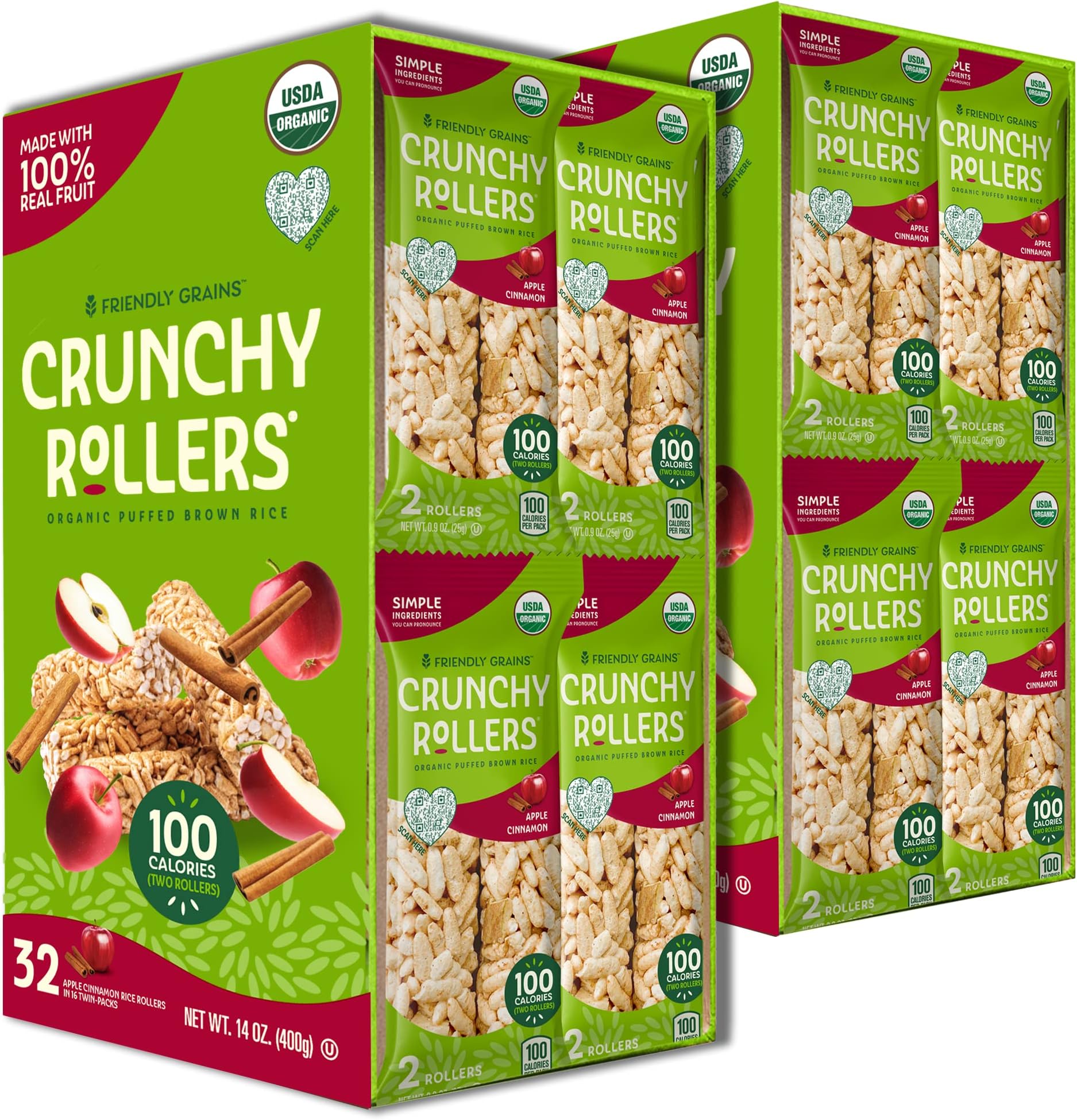 Apple Cinnamon Crunchy Rollers (2 Boxes) - Organic Rice Snacks, Crispy Puffed Rice Rolls, Healthy Snack Rolls for Adults and Kids - Friendly Grains (32 Packs of 2)