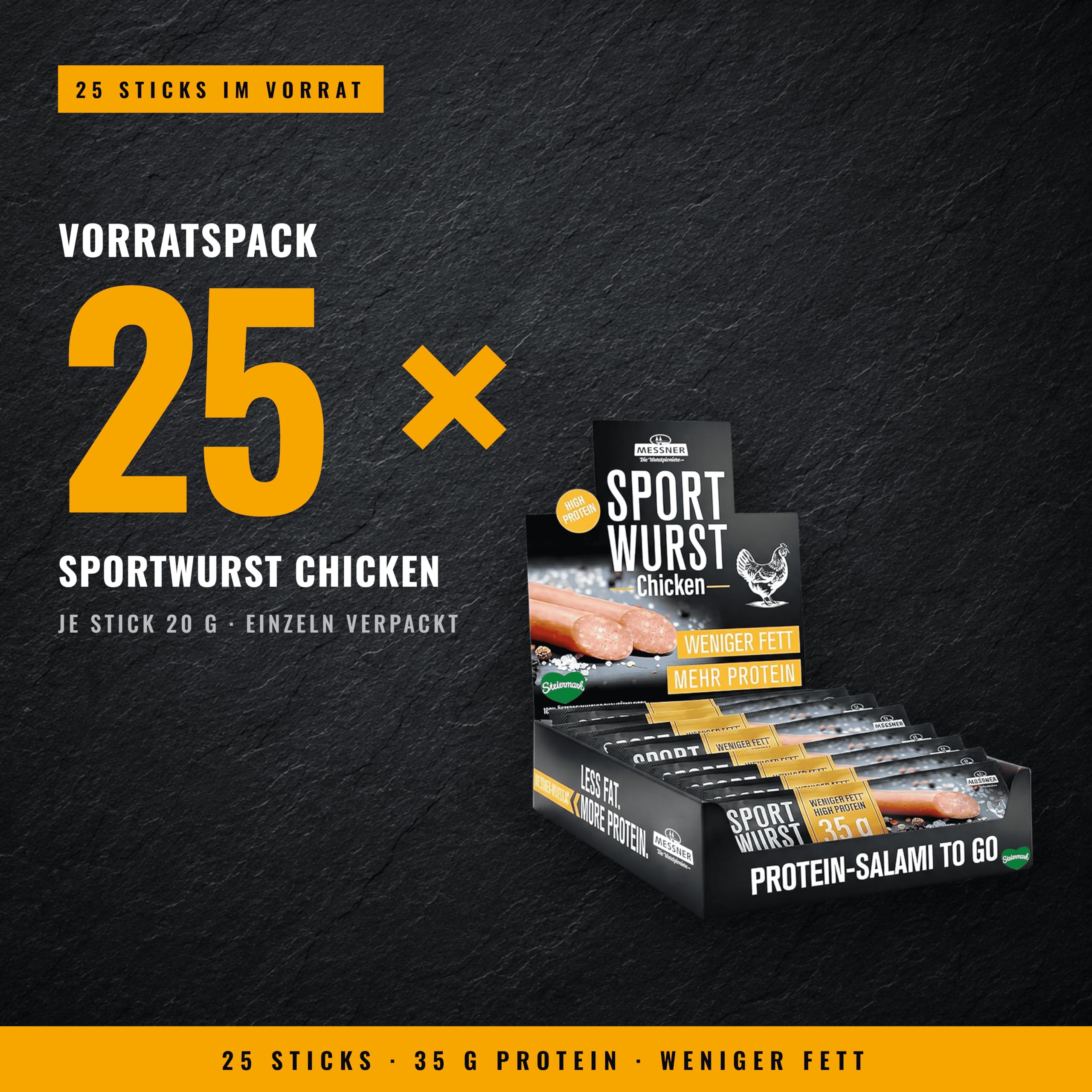 Messner Sportwurst Chicken 25x20g (500g) mit 35% Protein – Zarte Konsistenz, zuckerarm – Protein Snack, Low Carb Fleisch Snack, Chicken Snack