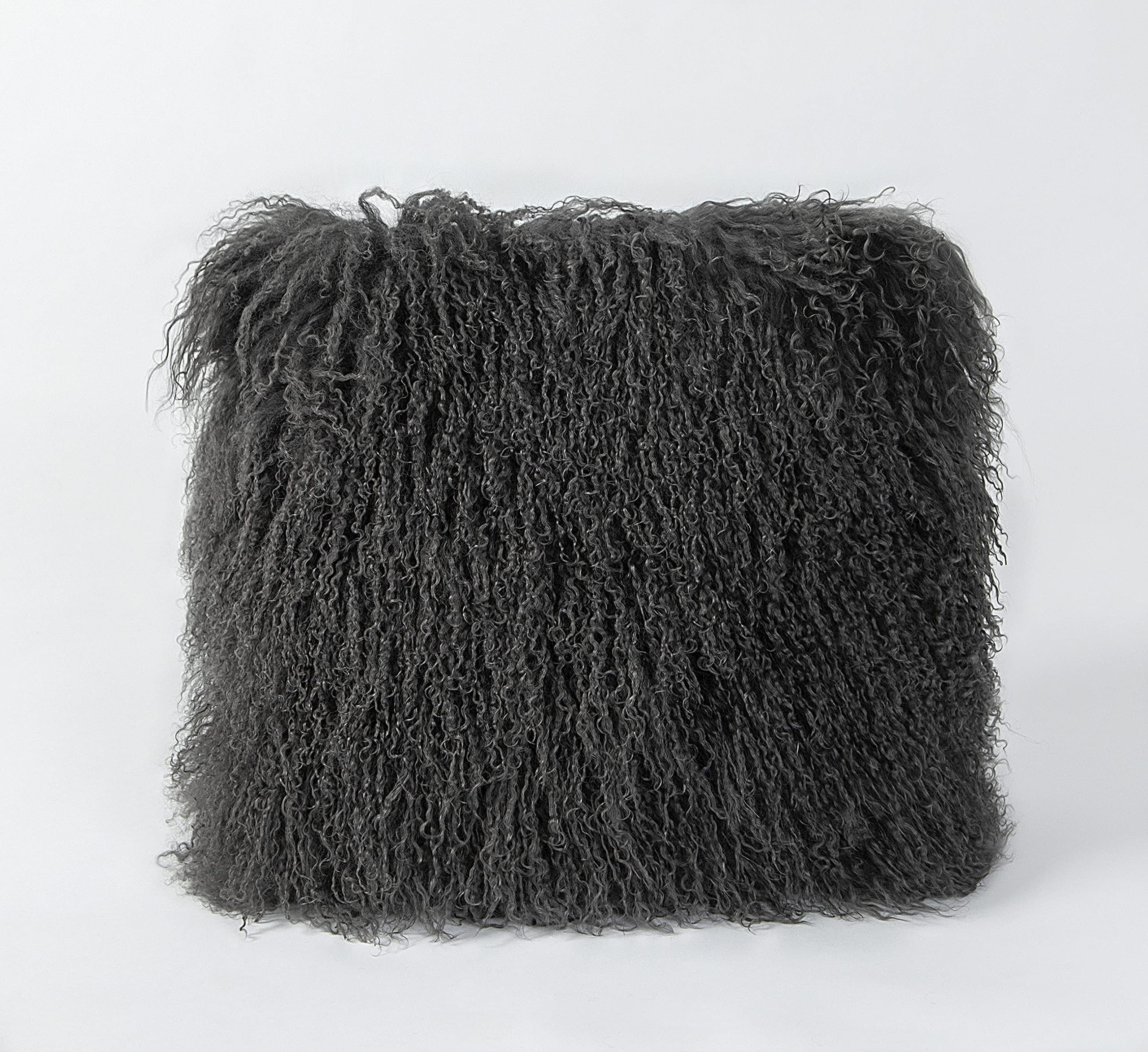 100% Real Mongolian Lamb Fur Curly Wool Throw Pillow Cushion with Insert Decorative Pillow for Living Room Bedroom Car,Pillow Insert Included,16x16in,Dark Gray