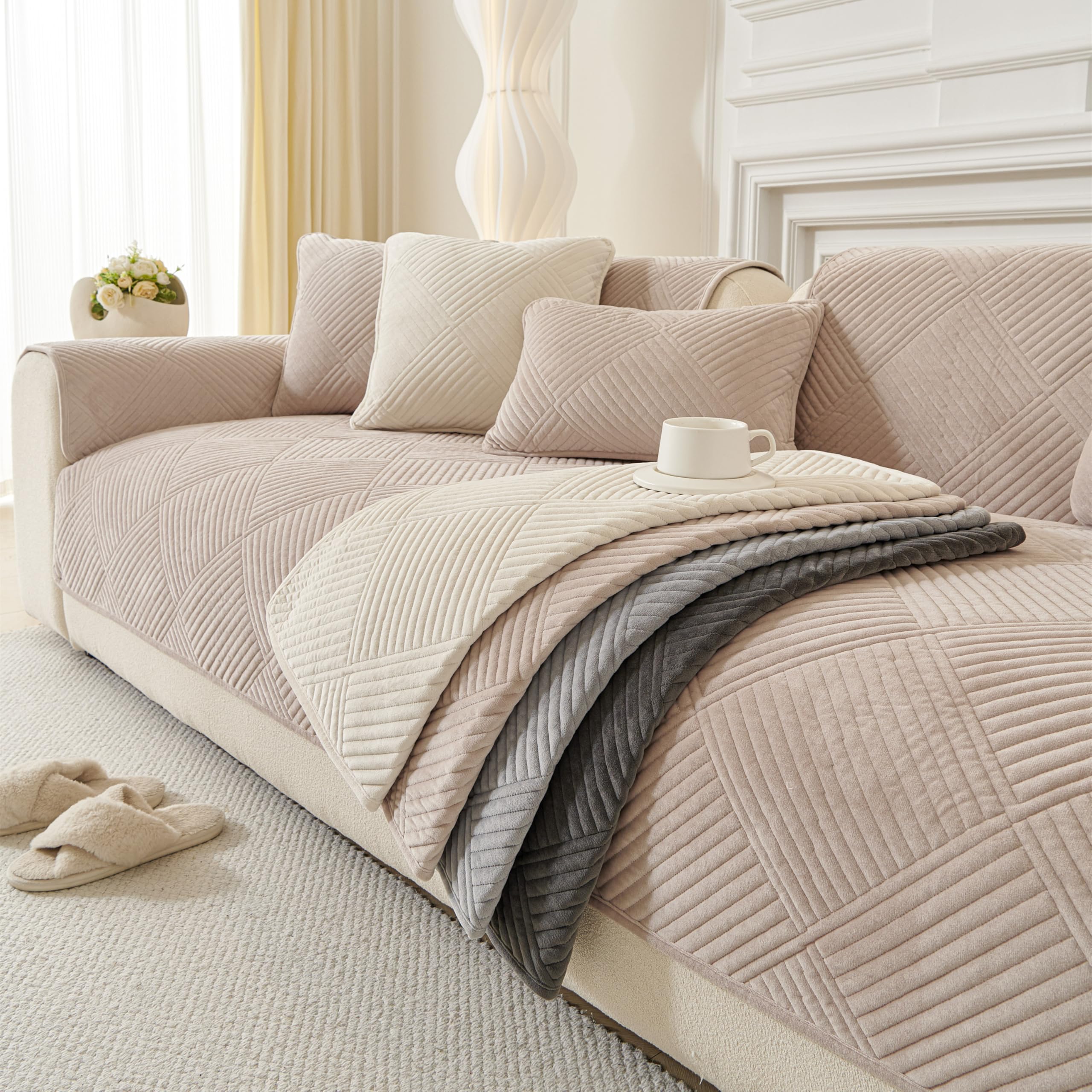 Furnestorica Sofabezug Vollschutz rutschfest waschbar, 1/2/3/4 Sitzer, Universal für L-förmige U-Ecke Sofa