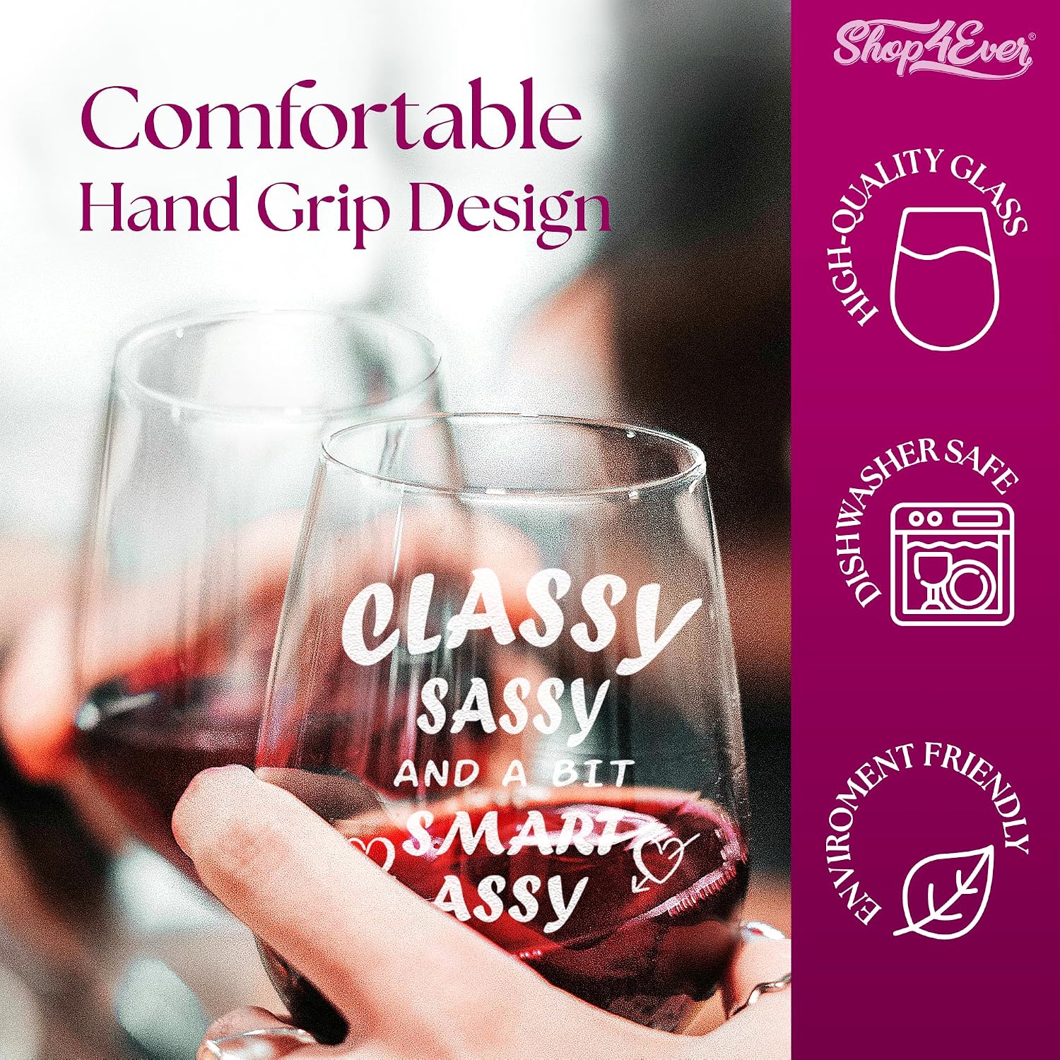 shop4ever Classy Sassy And A Bit Smart Laser Engraved Stemless Wine Glass 15 oz Funny Wine Glass Gift for Women Wine Lover Best Friend Sister Birthday Gift image 4