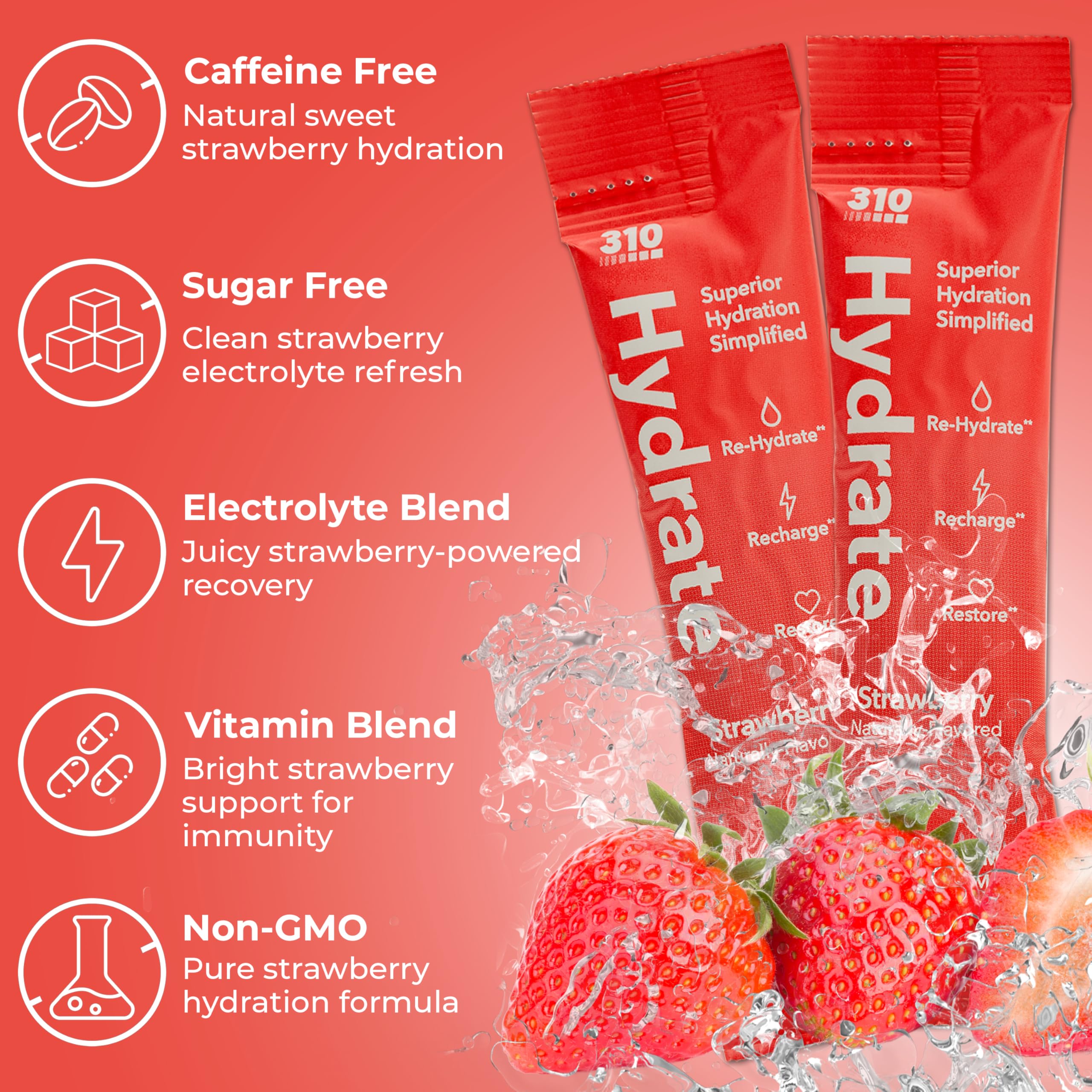 310 Nutrition Sugar Free Electrolytes Powder - Instant Hydration Packets for Daily Fluid Balance - Caffeine-Free Rehydration Drink Mix, Low Calorie & Keto Friendly - Strawberry 15 Singles thumbnail 5