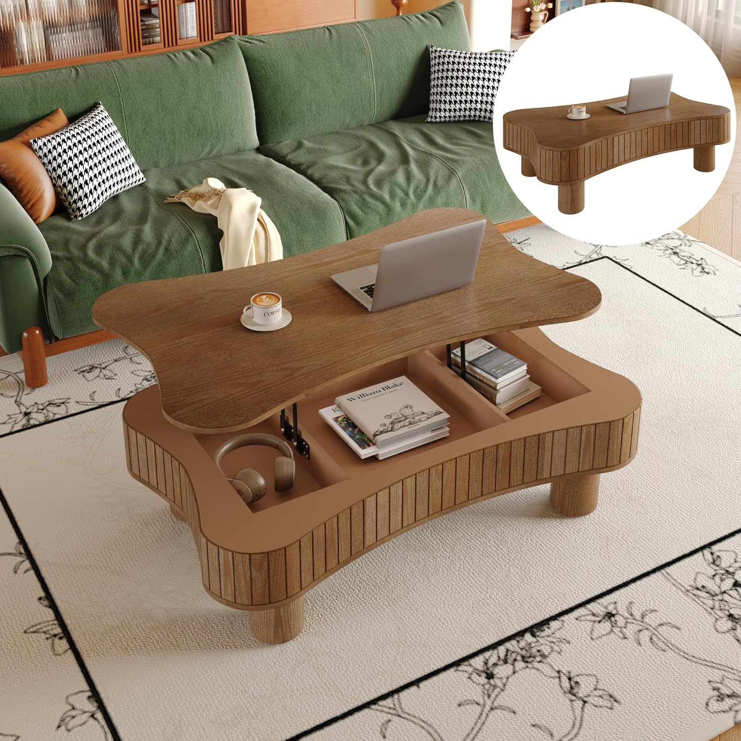 42" Farmhouse Lift Top Coffee Table with Storage, Fluted-Panel Wooden Lift Coffee Table with Spacious Hidden Compartment and Curved Safety Corners for Home Living Room (Walnut)