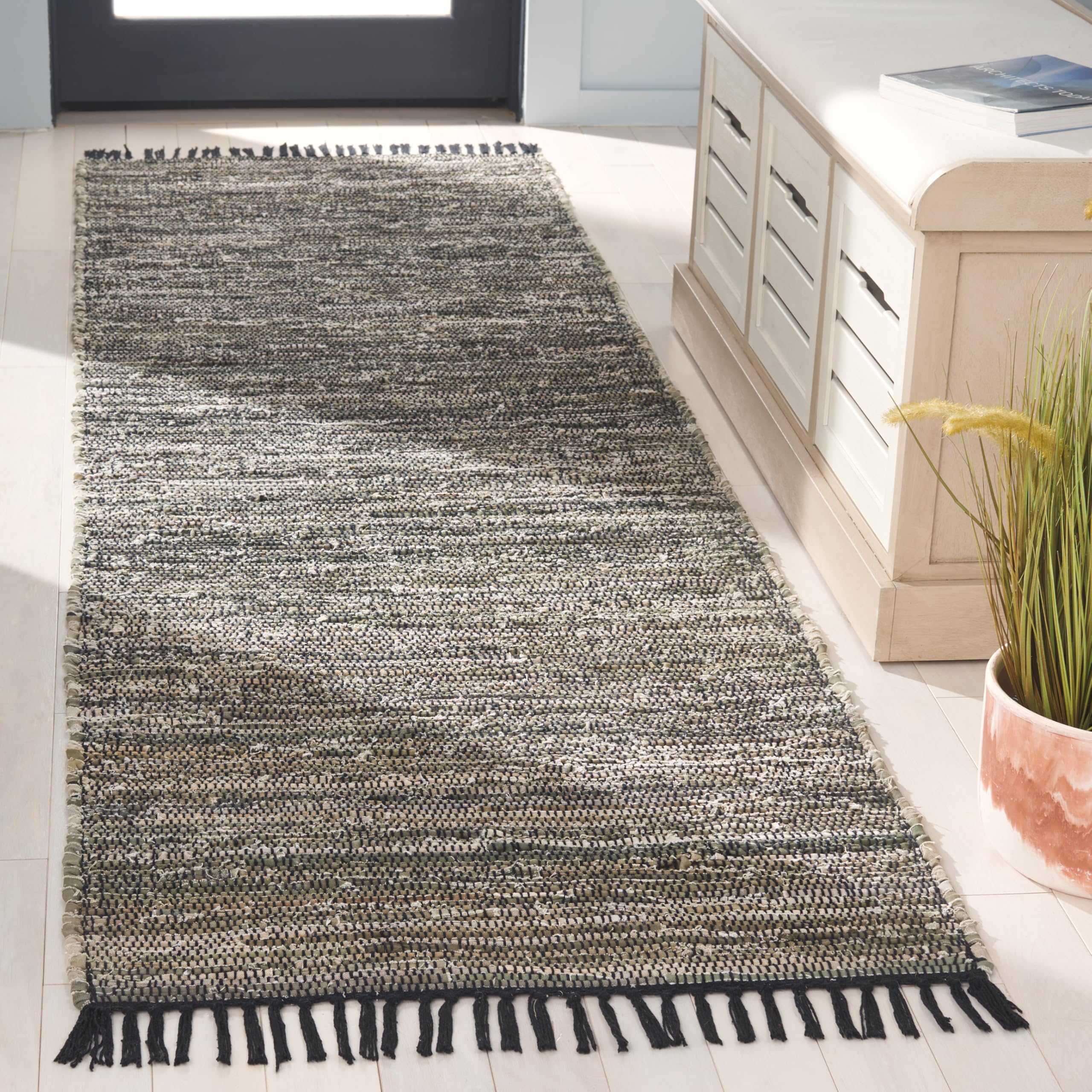 SAFAVIEH Rag Rug Collection Area Rug - 2'3" x 8' Runner, Dark Green/Black, Geometric Design, Ideal for High Traffic Areas in Living Room, Bedroom,
