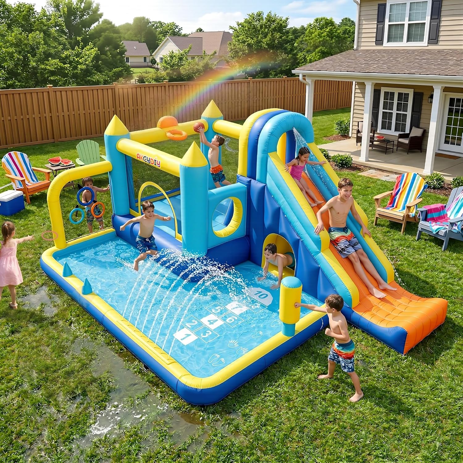 AKEYDIY Inflatable Water Slide & Bounce House with Long Slide, Ball Pit, Tunnel, Basketball Hoop, Ring Toss, Sprinkler, Blower Included—15-in-1 Backyard Water Park for Kids 3–12