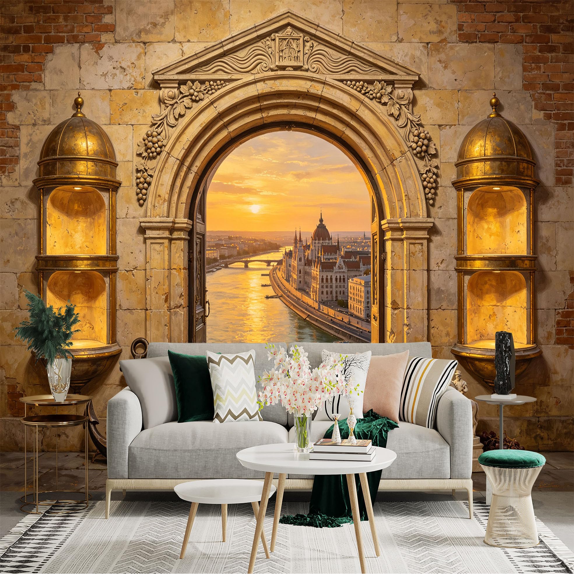 Custom Size Wall Sticker Mural， Vintage Stone Archway River Sunset Cityscape， for wall Decoration， peelandstick wall Decals.