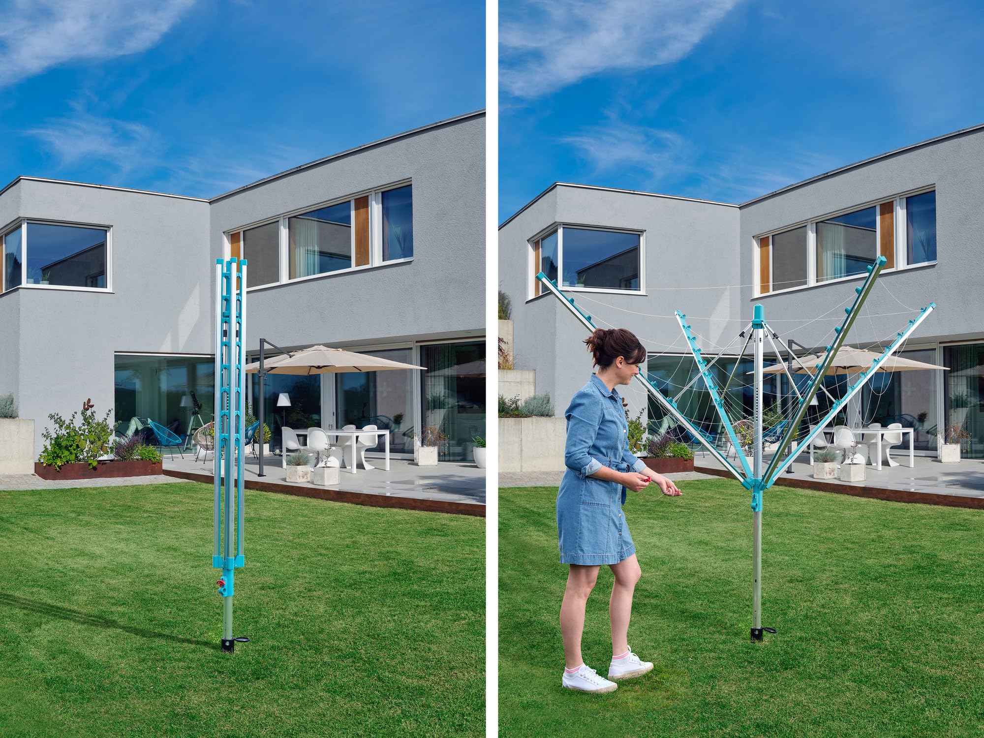 Leifheit Tendedero giratorio de jardín Linomatic 500 Easy para tender ropa, tenderete vertical con sistema Easy Lift, tendedero exterior con 50 m de cuerda | Easy-Lift, cuerdas protegidas de la suciedad, hasta 5 coladas, 1,86 m, resistente a UV e intemper